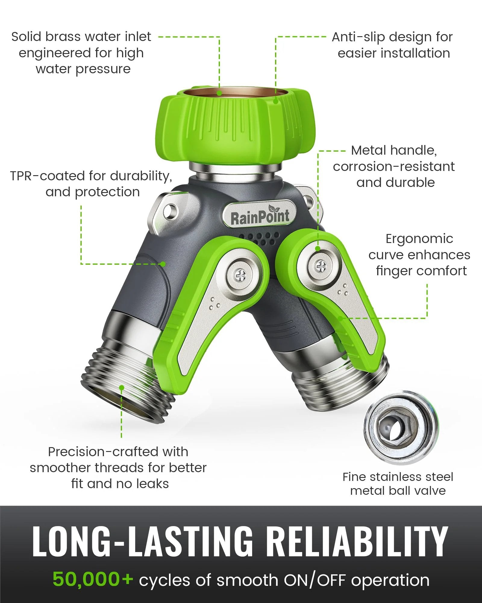 Heavy Duty Metal Garden Hose Splitter 2 Way Y Valve With Shutoff, RainPoint Green, detailed front view showing metal construction and features.