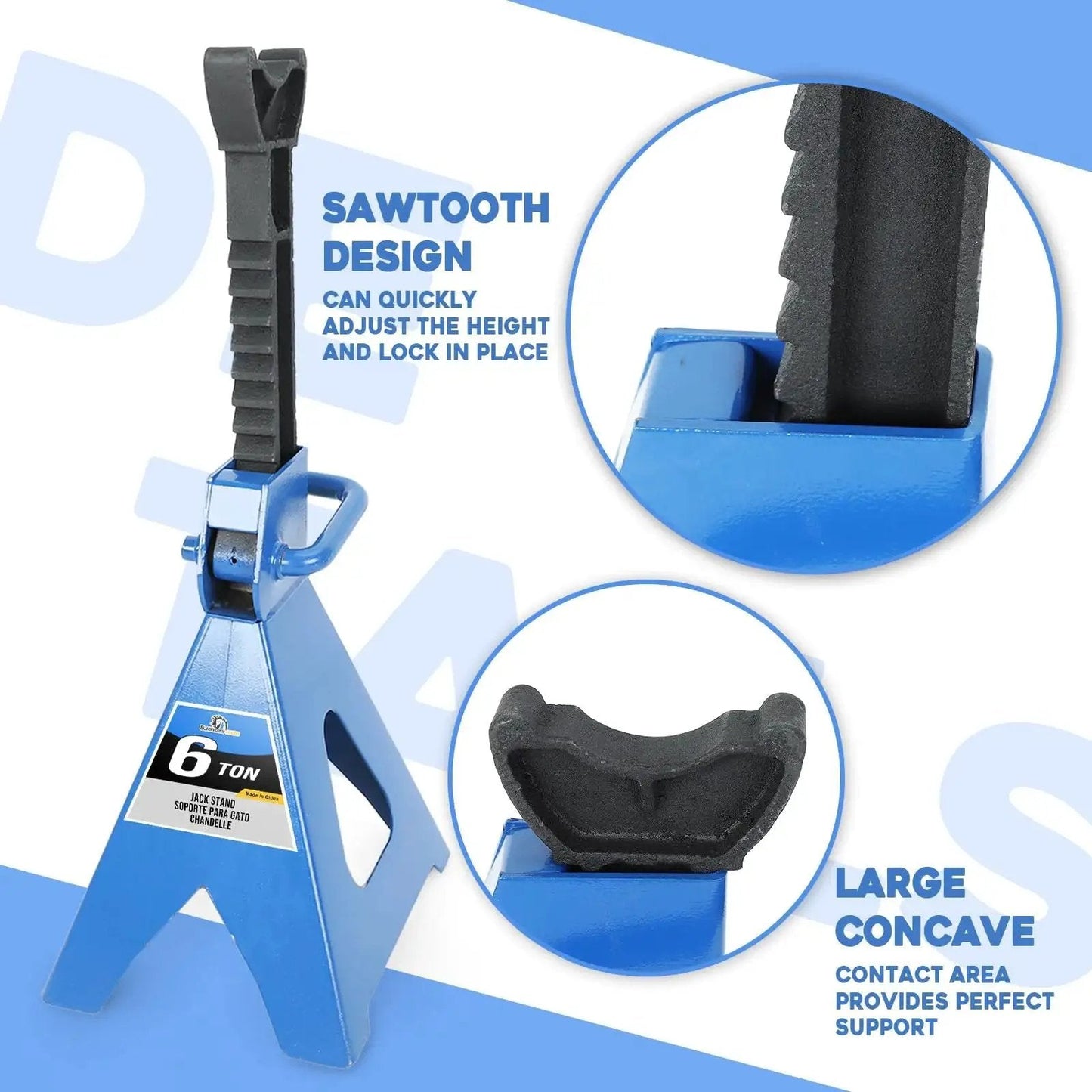 6 Ton Adjustable Jack Stands Heavy Duty Steel Lifting Stand 14.6 To 24 Inches with sawtooth design and large concave saddle