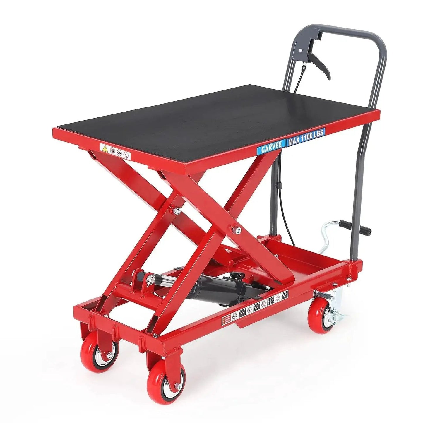 500 Lb Hydraulic Lift Table Cart With 28.5 Inch Lift And Non Slip Pad Red, shown with sturdy steel frame and wheels
