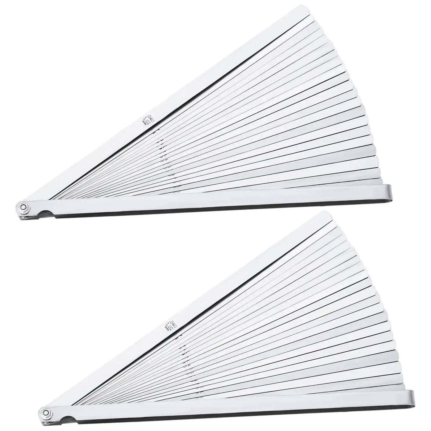 2 Piece Long Feeler Gauge Set With 25 Blades Stainless Steel Dual Marked Metric And Imperial Measuring Tool shown folded and compact.