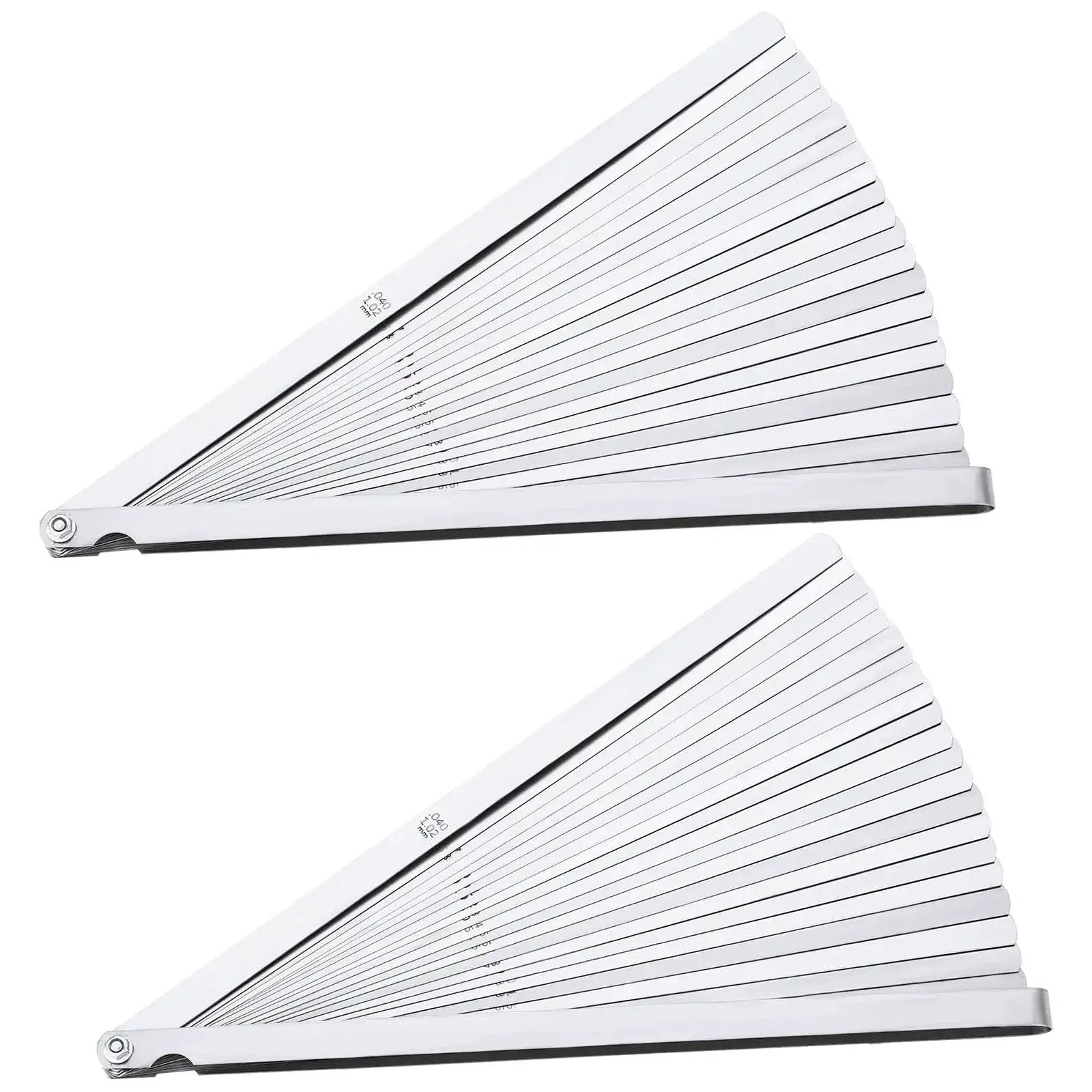 2 Piece Long Feeler Gauge Set With 25 Blades Stainless Steel Dual Marked Metric And Imperial Measuring Tool shown folded and compact.