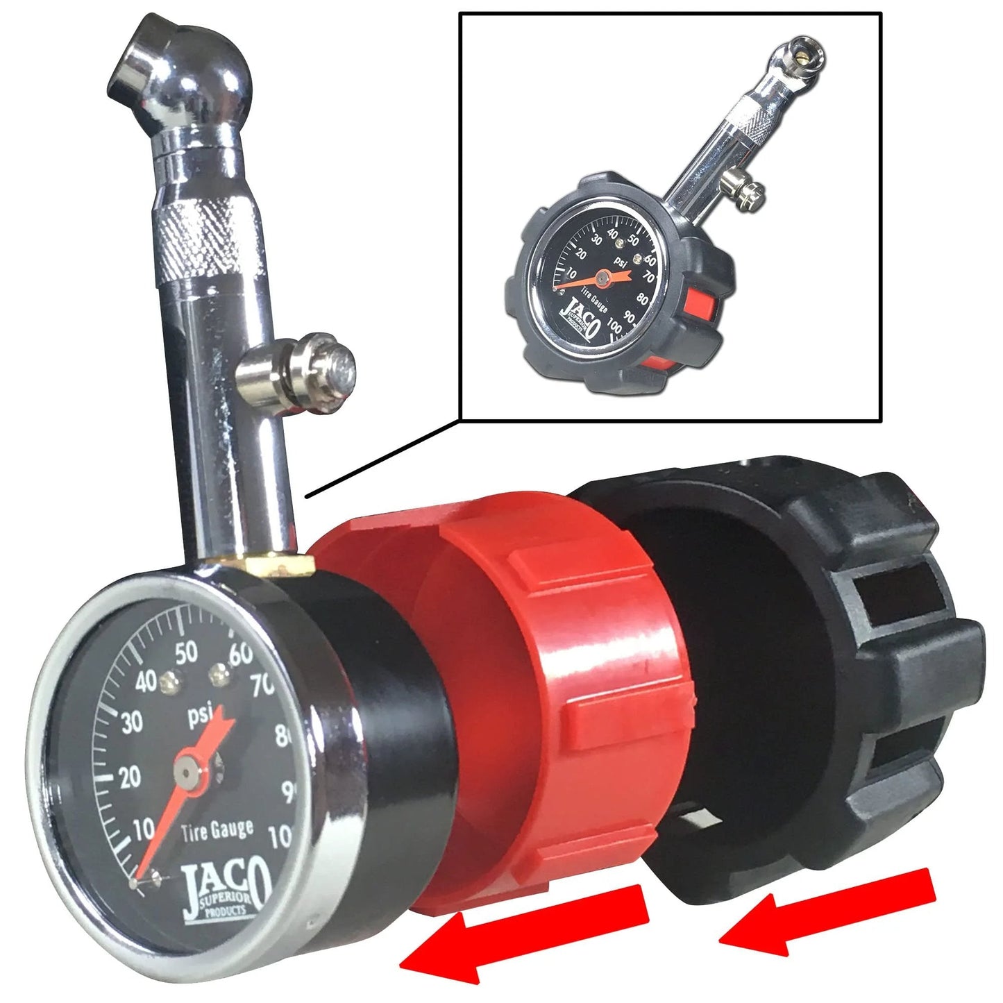 Deluxe Tire Pressure Gauge For Cars And Bikes With 100 PSI Precision ANSI B40 1 Standard Calibrated Accuracy No Battery Required Durable Dual Layer Shock Guard JACO with detached shock guard showing red and black layers.