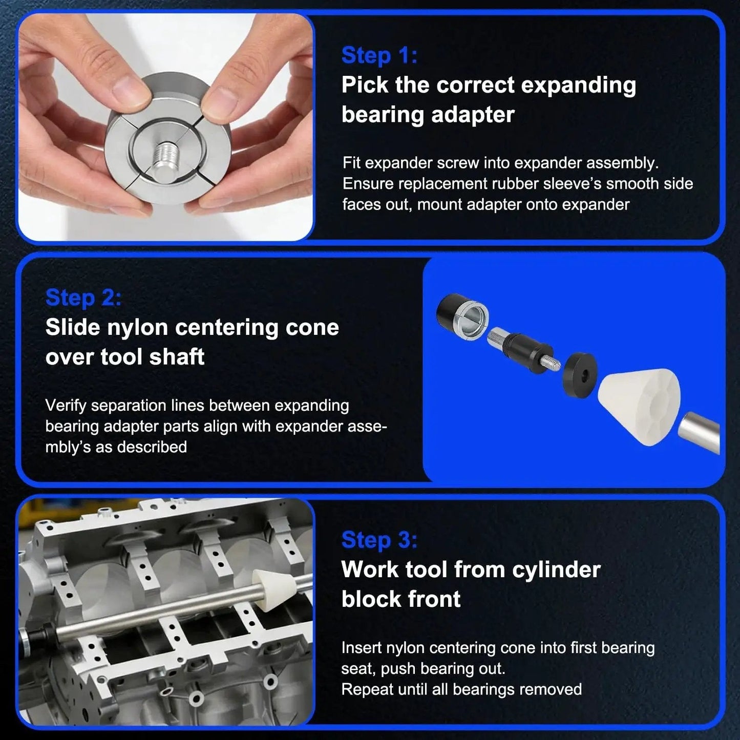 Guide to using Universal Cam Bearing Installation And Removal Tool Kit with step-by-step visuals and detailed instructions.