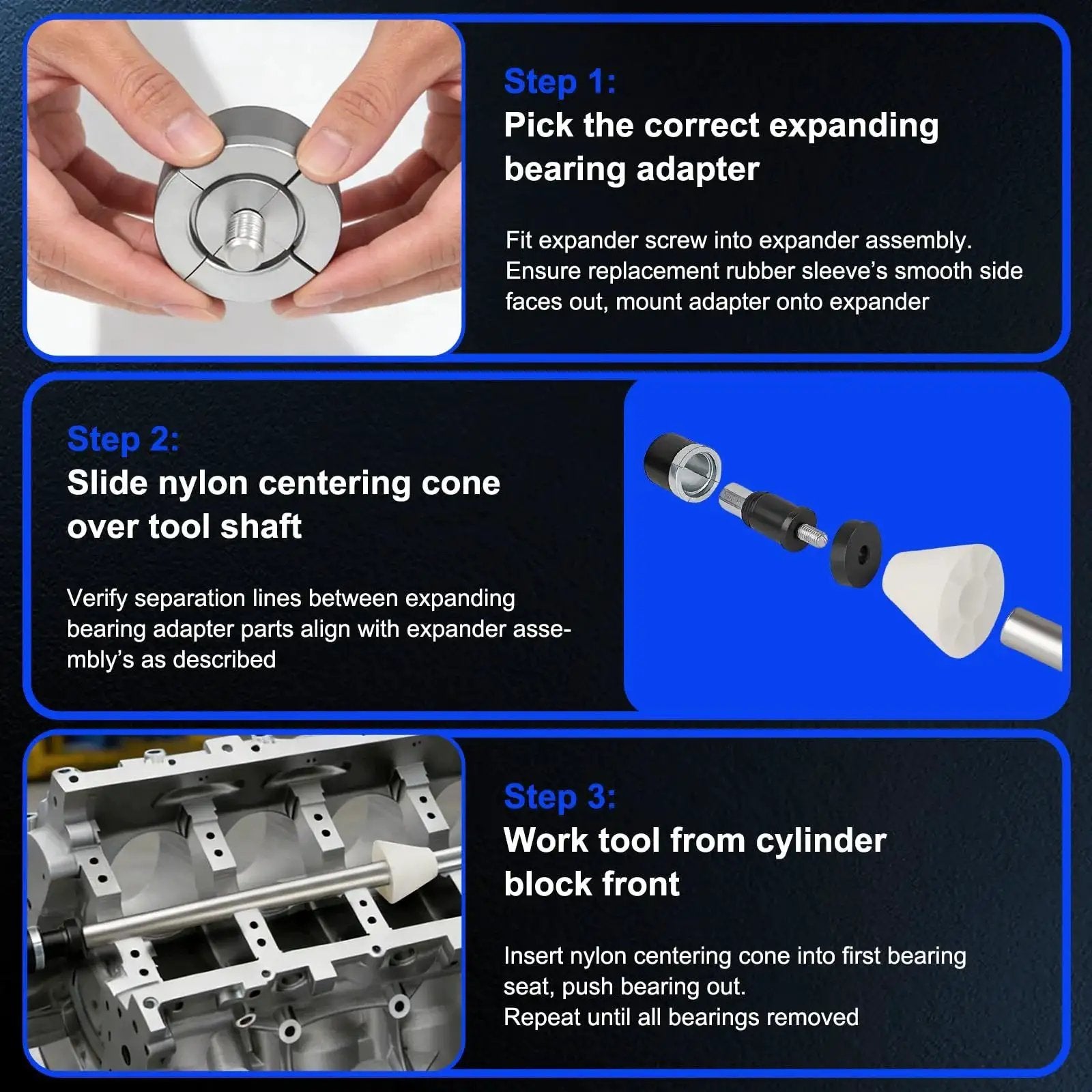 Guide to using Universal Cam Bearing Installation And Removal Tool Kit with step-by-step visuals and detailed instructions.