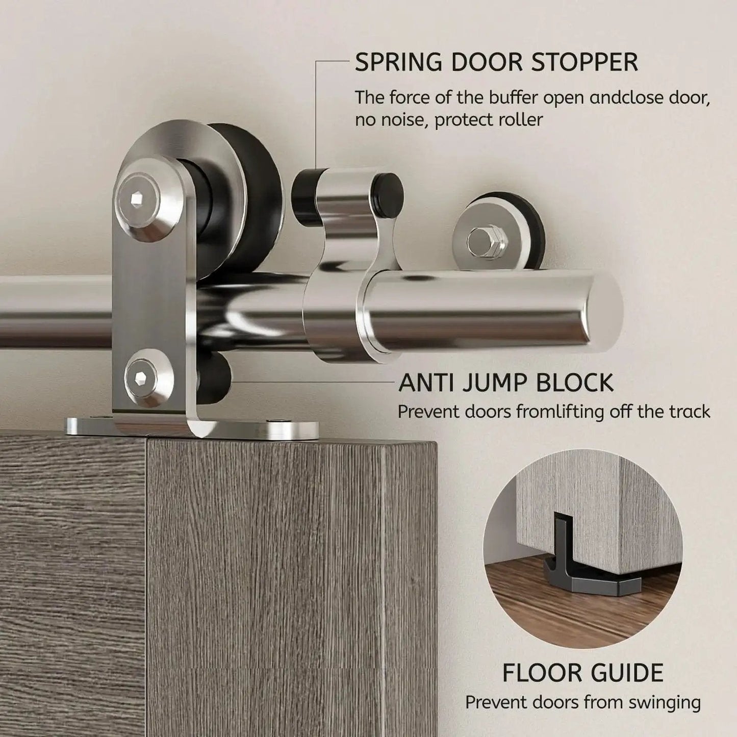 Close-up of stainless steel sliding barn door hardware kit with spring door stopper and anti-jump block installation details.