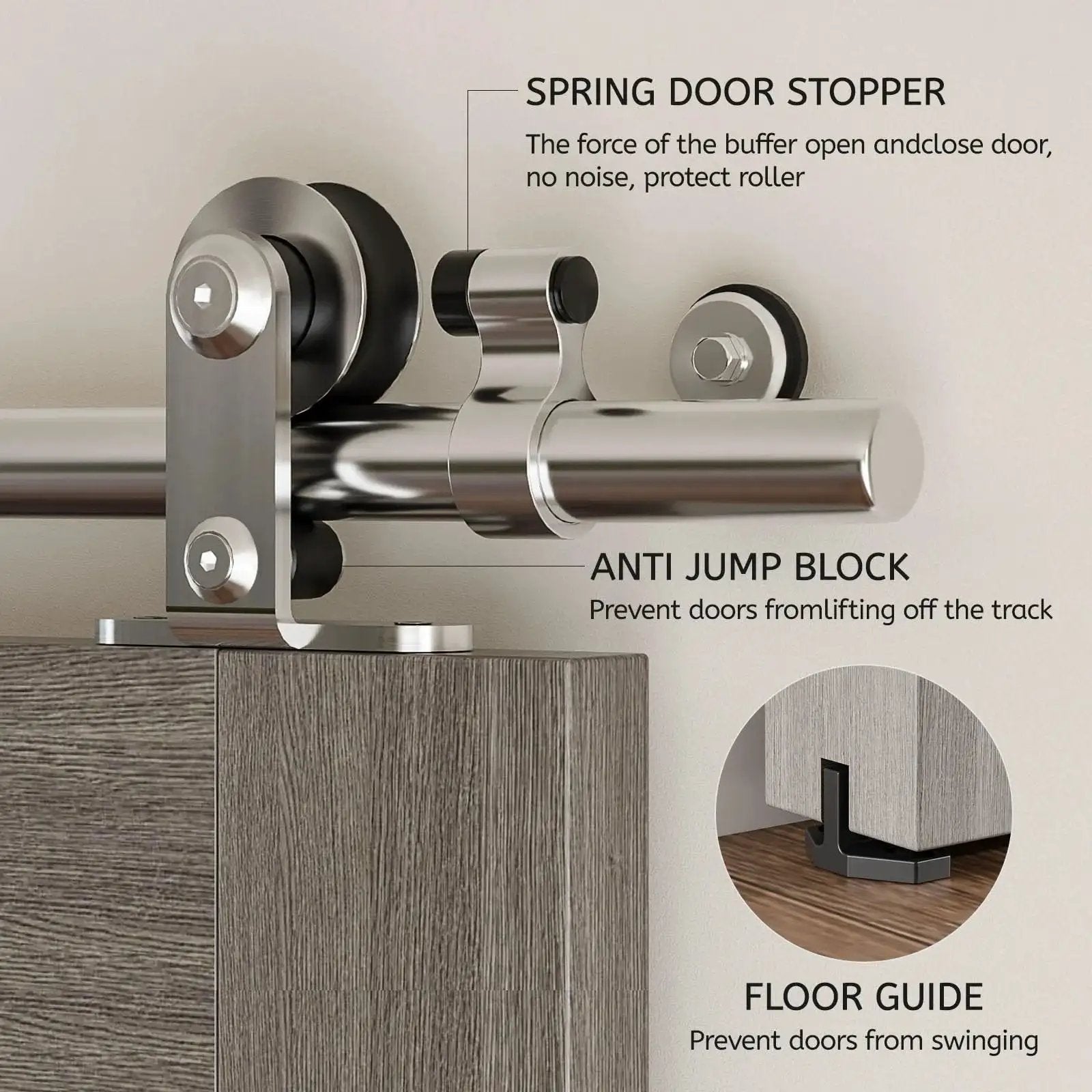 Close-up of stainless steel sliding barn door hardware kit with spring door stopper and anti-jump block installation details.