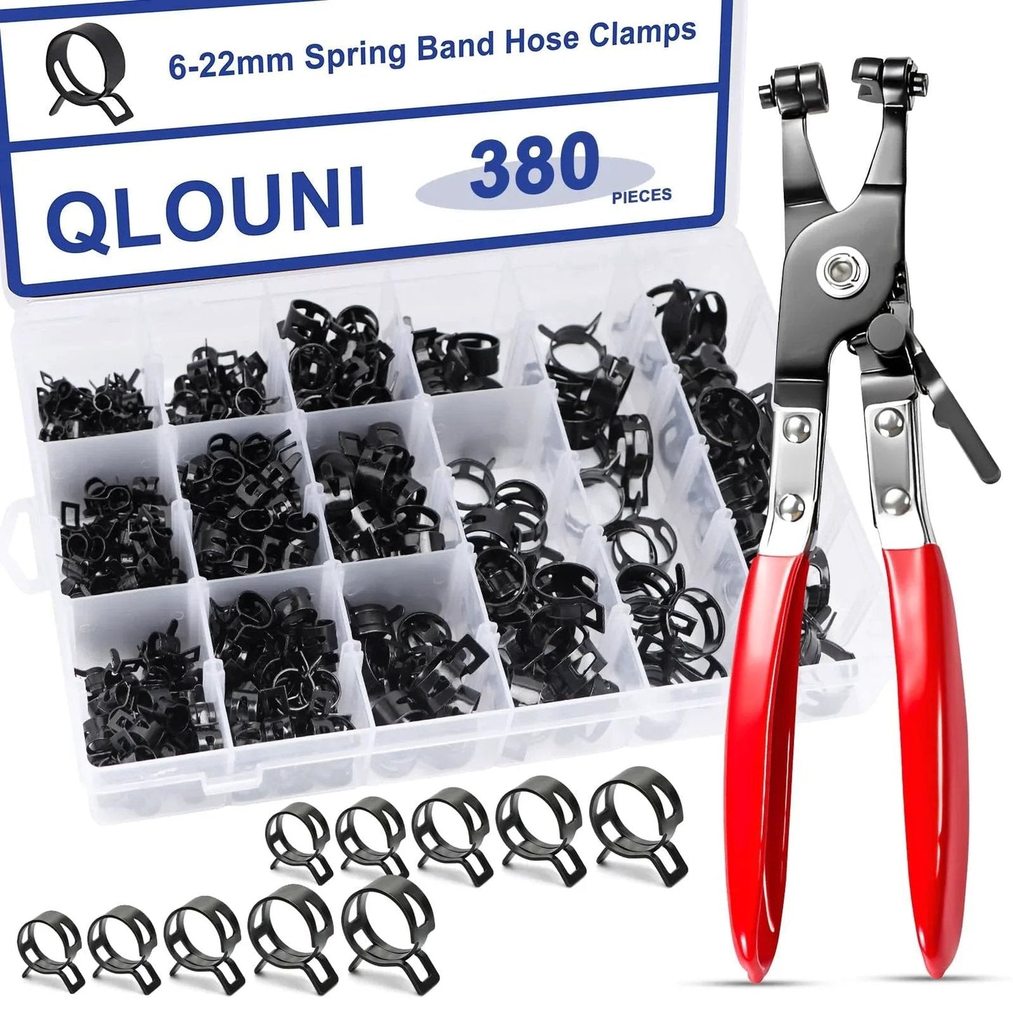380 Pcs 6 To 22 Mm Spring Hose Clamps Kit 12 Sizes Black Fuel Line Clamps With Hose Clamp Pliers Locking Device and Tool