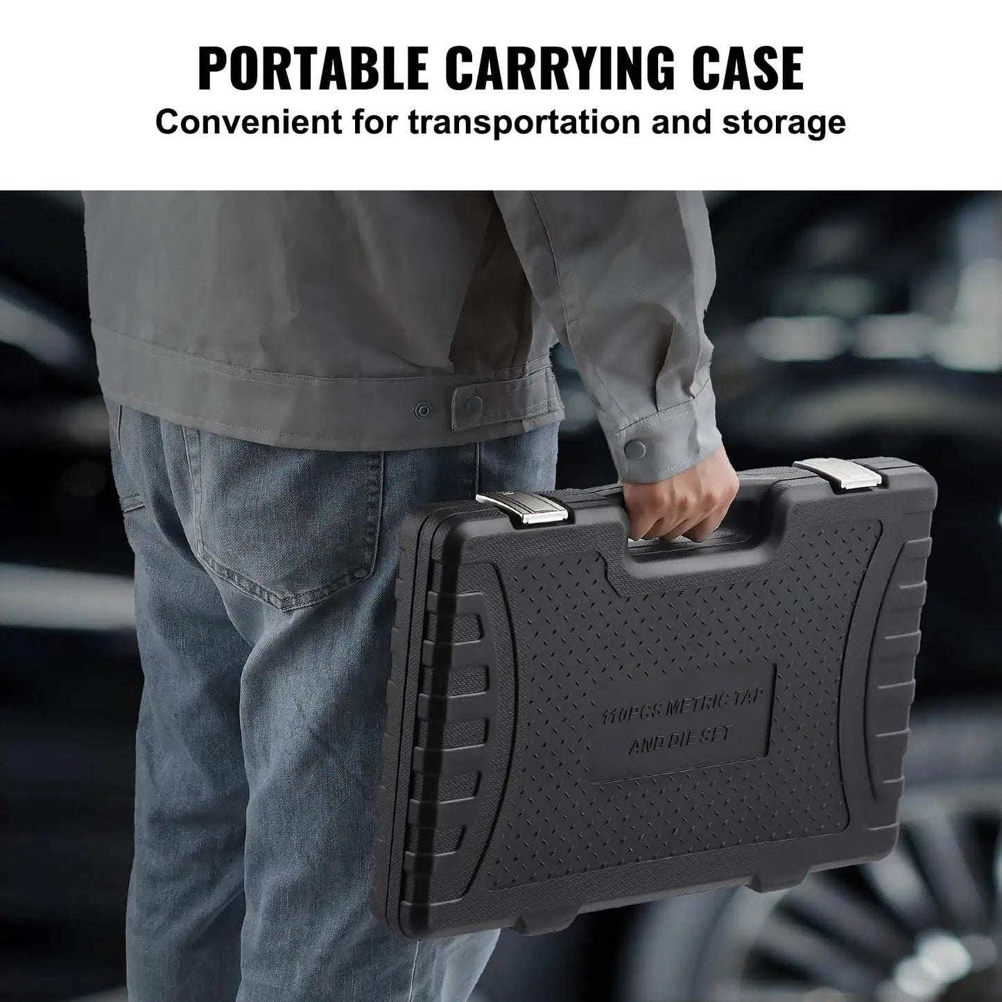 Person carrying storage case for Pro Grade 110-Piece Tap and Die Set with Metric Sizes M2 to M18, Bearing Steel Taps and Dies