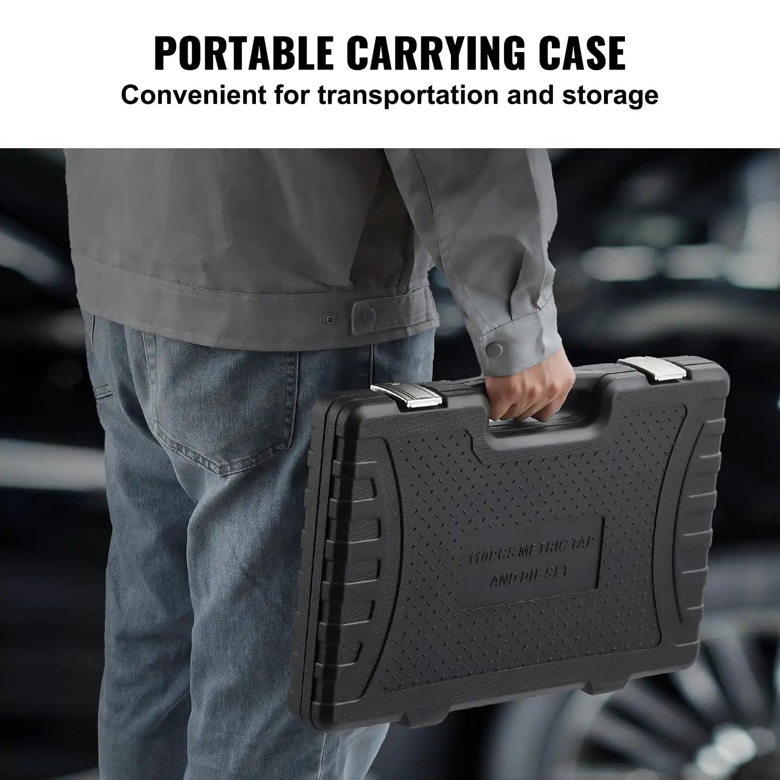 Person carrying storage case for Pro Grade 110-Piece Tap and Die Set with Metric Sizes M2 to M18, Bearing Steel Taps and Dies
