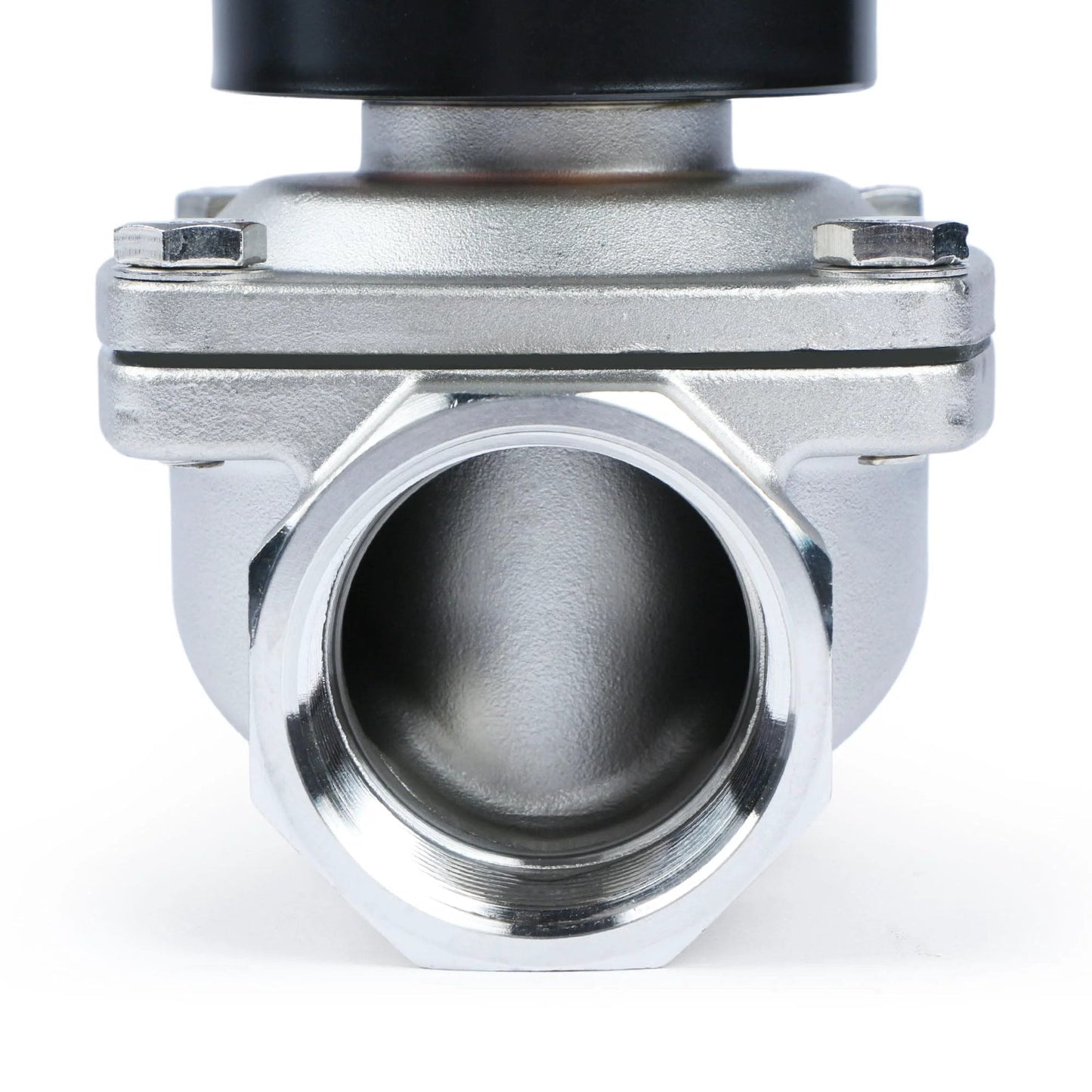 Stainless Steel One And One Half Inch 12V DC Solenoid Valve With Viton Seal Normally Closed Fast Actuation Under 1 Second For Gasoline Diesel Oils And Lubricants Durable Electric Valve For Industrial Equipment And Fluid Control, front view