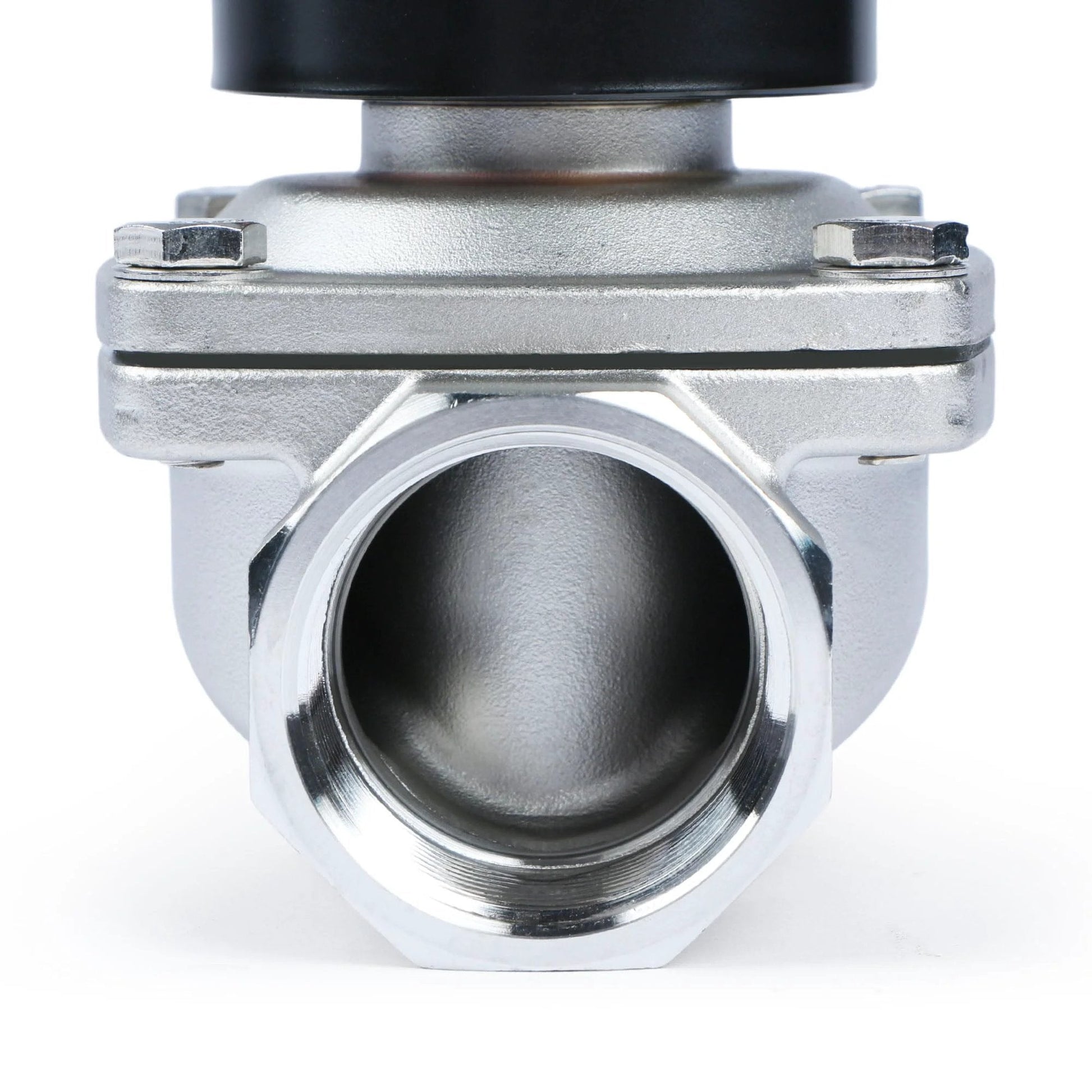 Stainless Steel One And One Half Inch 12V DC Solenoid Valve With Viton Seal Normally Closed Fast Actuation Under 1 Second For Gasoline Diesel Oils And Lubricants Durable Electric Valve For Industrial Equipment And Fluid Control, front view