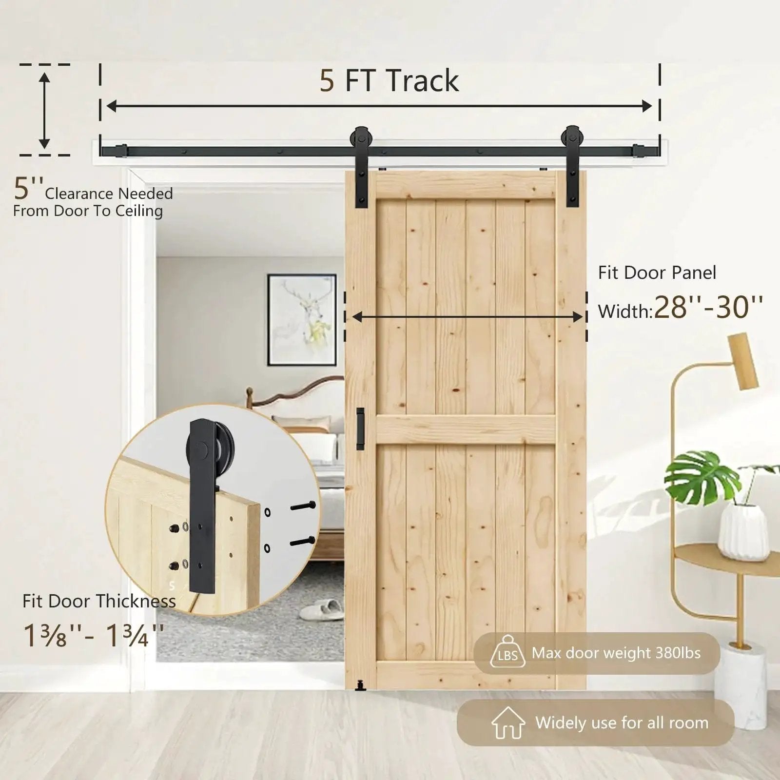 Sliding Barn Door Hardware Kit Heavy Duty For Doors One And Three Eighths To One And Three Quarters Inches Black I Shape Hangers installed on wooden door with 5 ft track.