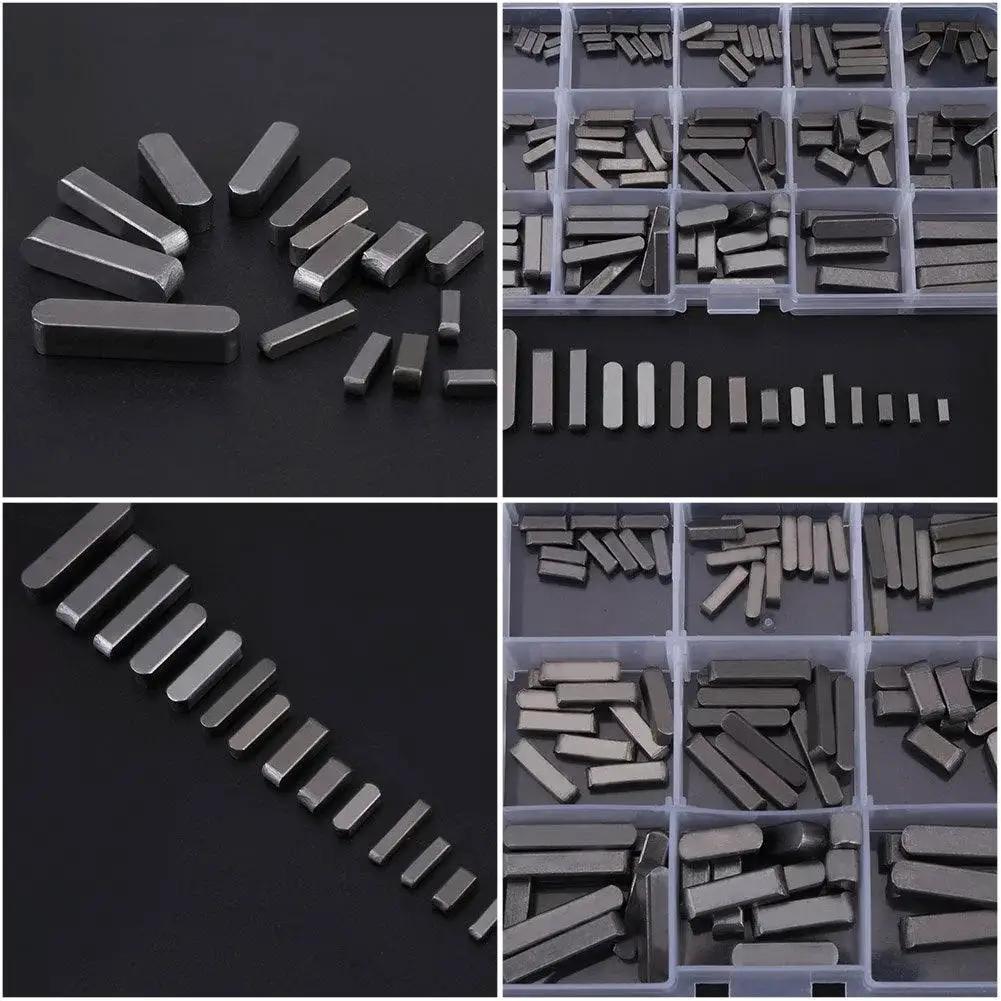 Stainless Steel Feather Key Set 140 Piece Keyway Kit For Flywheels Pulleys And Machinery Round Ended Shaft Keys In 8mm 10mm 12mm 16mm 20mm 25mm 30mm Rustproof Durable Fastening Hardware For DIY Projects Pro Shops And Heavy Duty Machines displayed in plastic box compartments and arranged on surfaces.