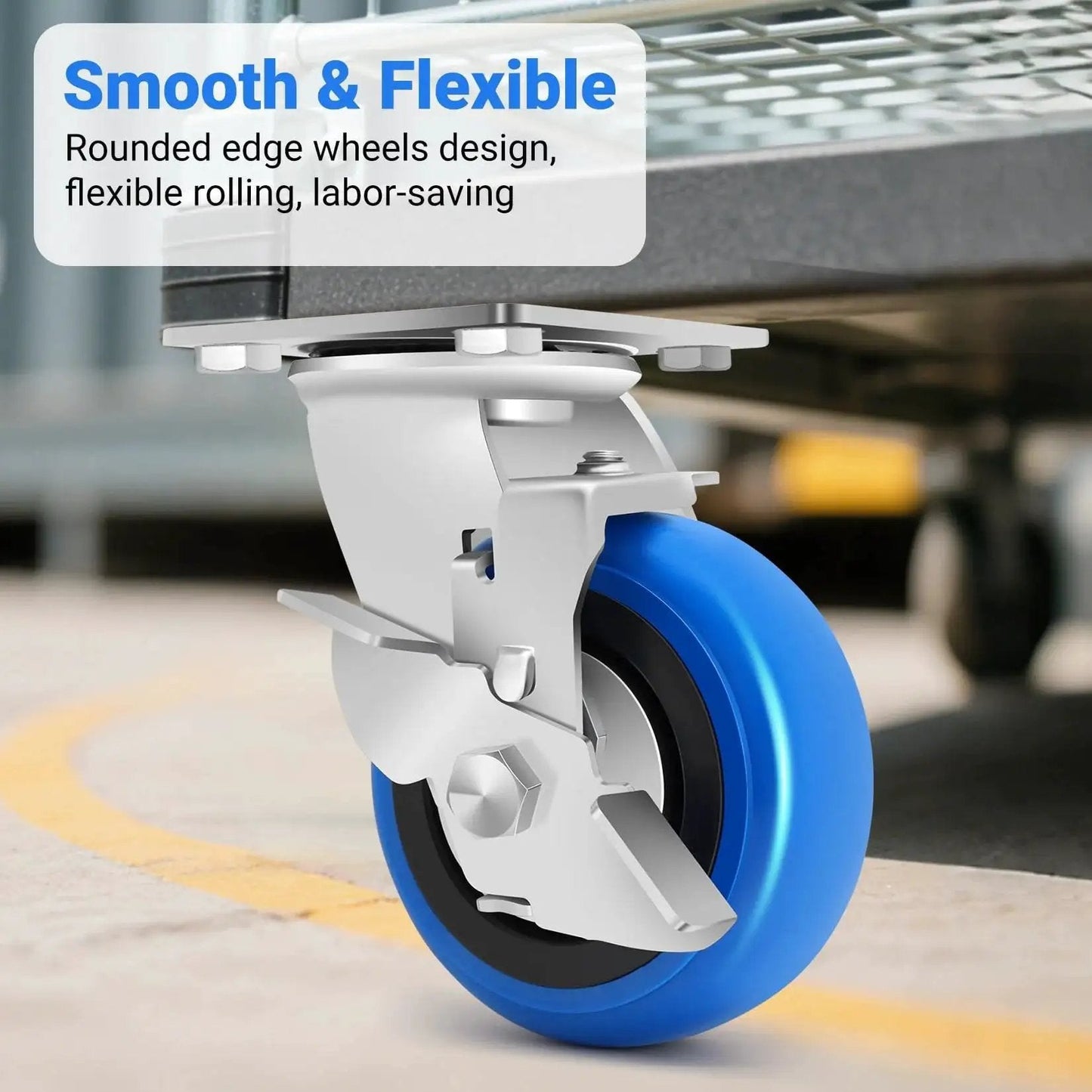 5 Inch Heavy Duty Caster Set Of Four With 3500 Lbs Industrial Grade Capacity And Upgraded Thickened Bracket Smooth Rolling Wheels For Cart Bases Two Brakes And Two Rigid Castors Ideal For Warehouses Workshops And Industrial Use caster with blue wheel and brake installed on cart