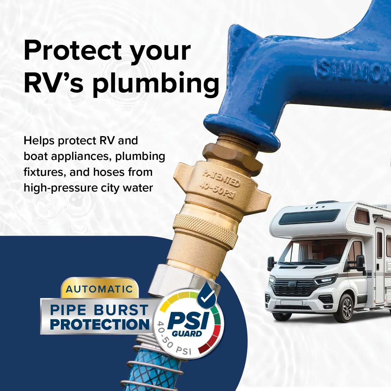 Brass RV Water Pressure Regulator For Safe 40 To 50 PSI Keeps Hoses Plumbing And Small Appliances In Check On Campers And Boats Drinking Water Safe Durable Camco image showing installed regulator on RV plumbing