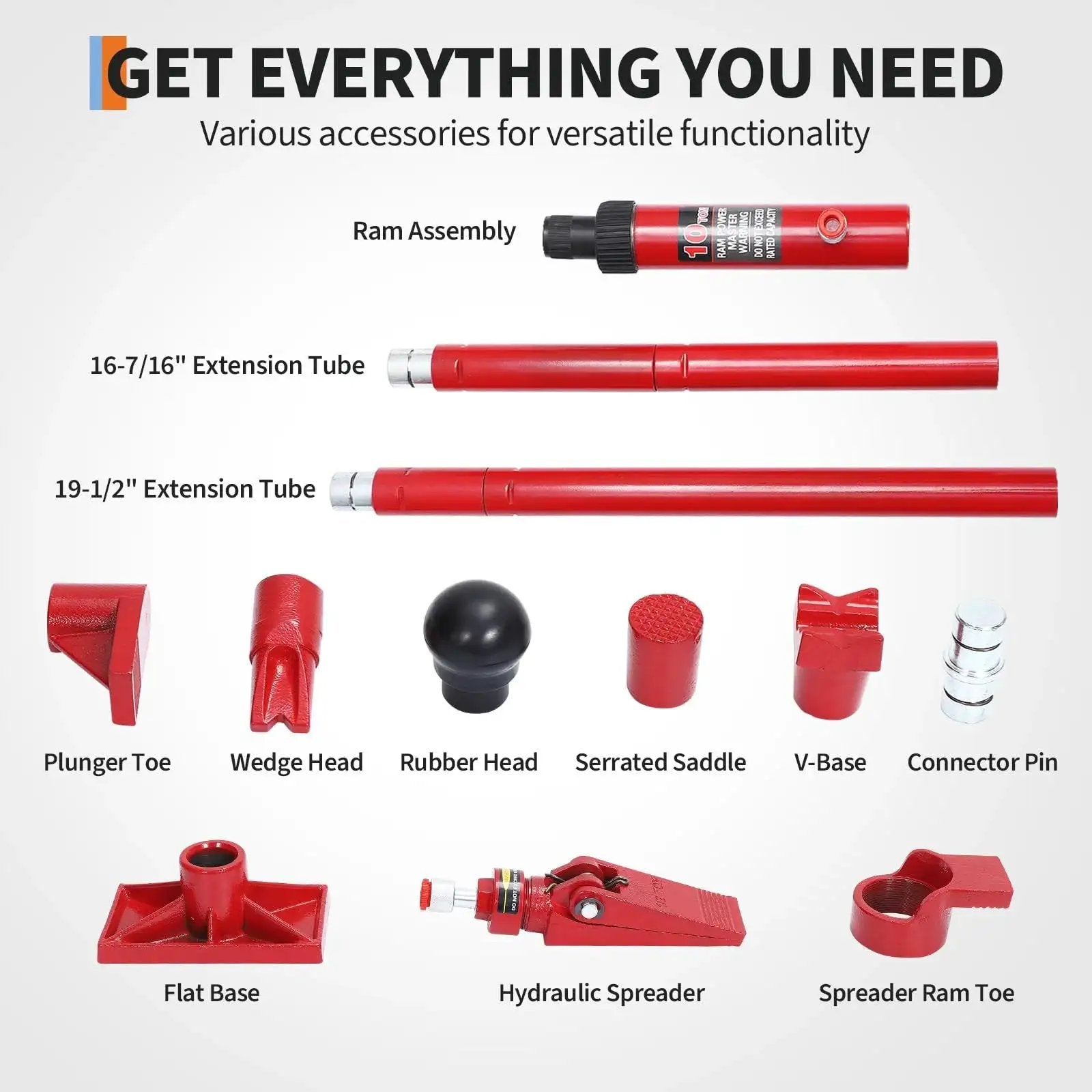 10 Ton Hydraulic Porta Power Kit With Wheeled Case Ram Pump Hose For Automotive showing various red accessories and extensions.