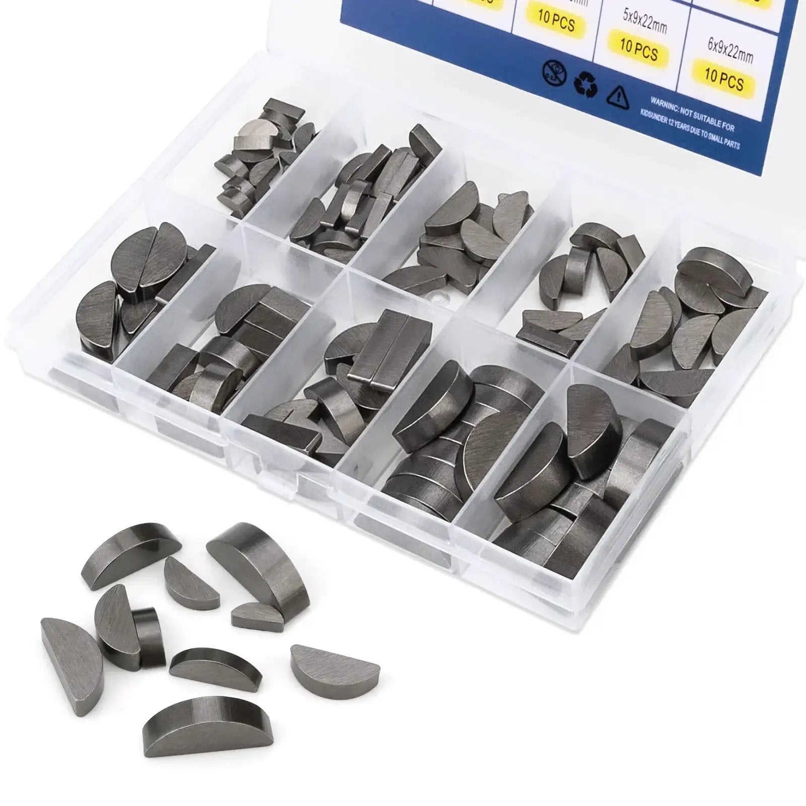 Woodruff Key Assortment Kit, 120 Pieces, 10 Popular Half Moon Key Sizes, Keyway and Key Stock Set, Carbon Steel with Anti Rust Oil Coating