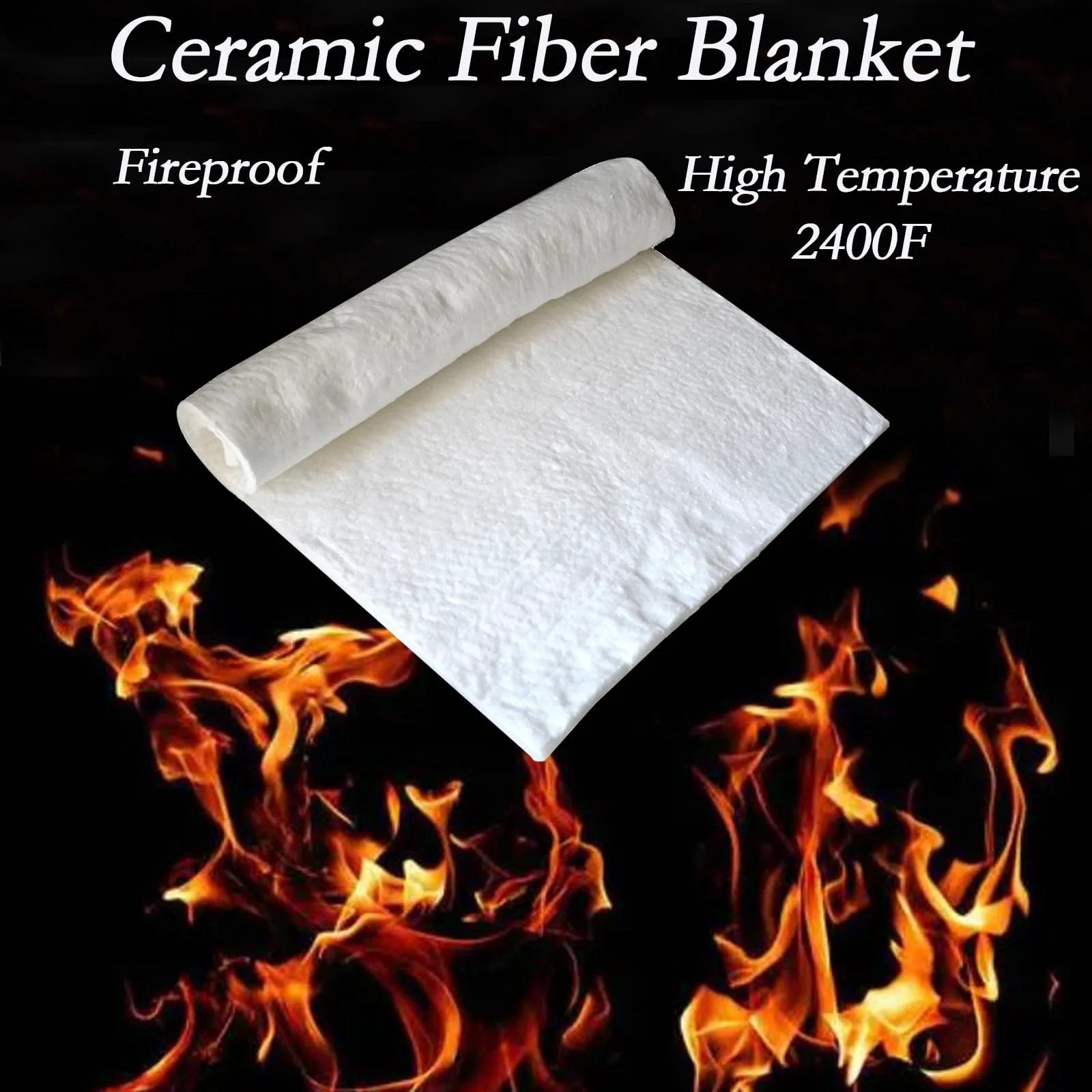 Ceramic Fiber Blanket For High Temp Fireproof Insulation Up To 2400F with flames background; white rolled blanket visible