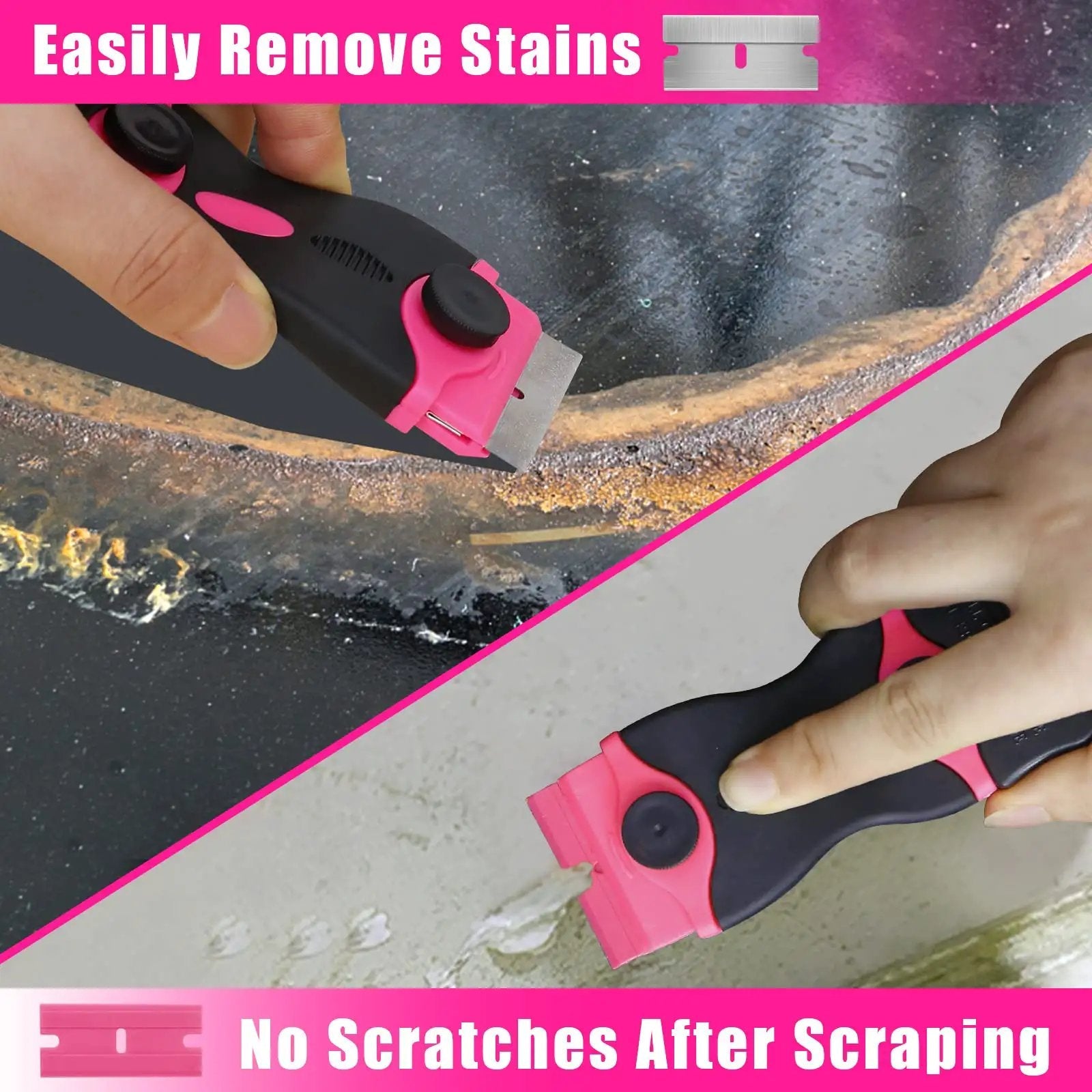 Close-up of Pink Razor Scraper Kit With 3 Scrapers And 45 Replacement Blades Including 15 Metal And 30 Plastic Blades in use