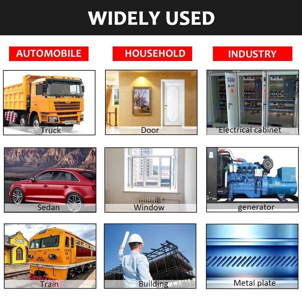 Collage showing applications: truck, door, electrical cabinet, sedan, window, generator, train, building, metal plate.