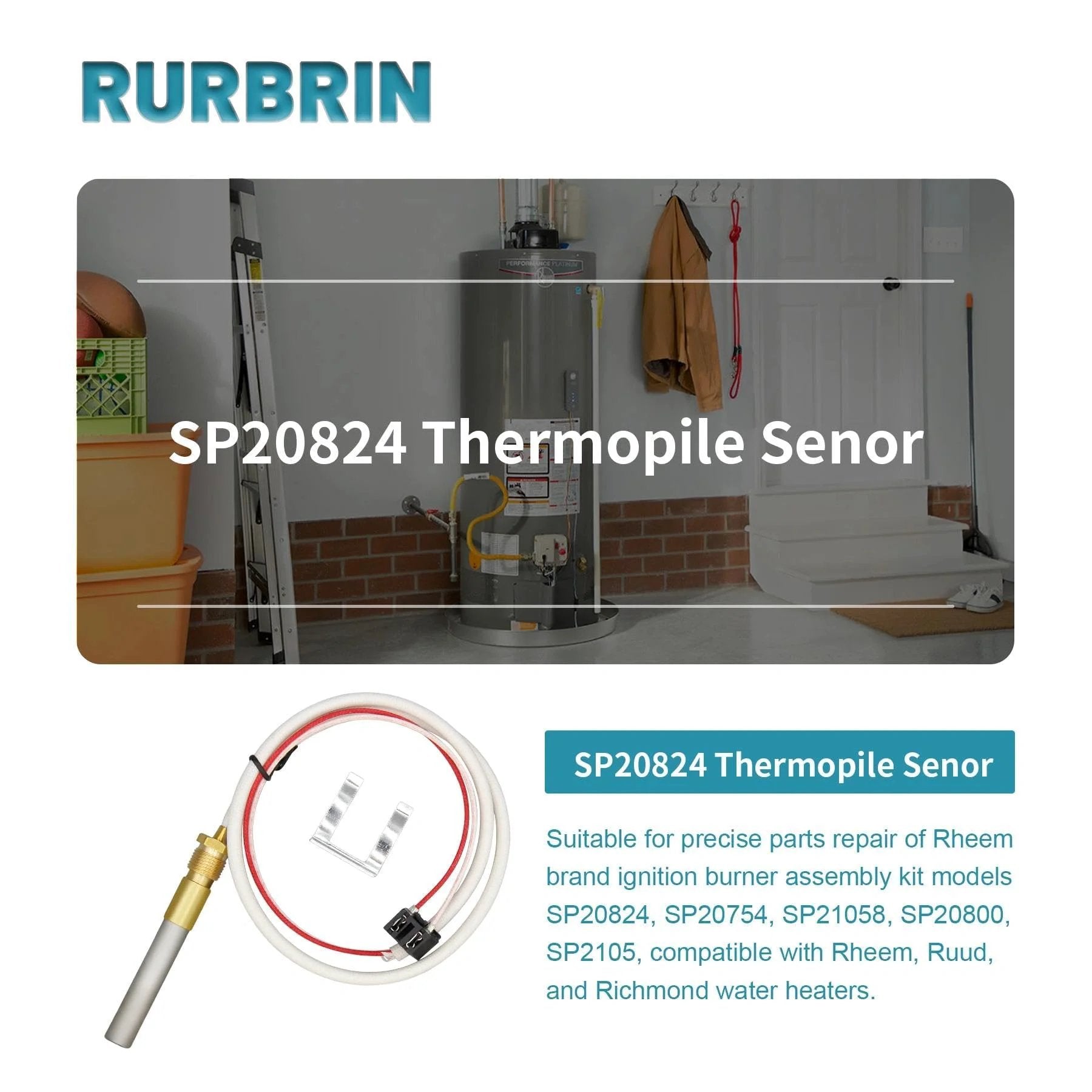 Image of SP20824 Thermopile Sensor for water heaters, showing ignition components compatible with Rheem, Ruud, Richmond kits.
