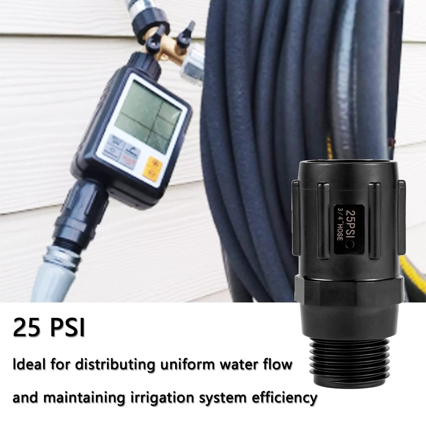 Close-up of Two Pack Garden Hose Pressure Regulator 25 PSI Three Quarter Inch Female Hose Thread Three Quarter Inch Male Hose Thread Distributing Regulator connected to garden faucet with hose, showing pressure gauge and hose connection.