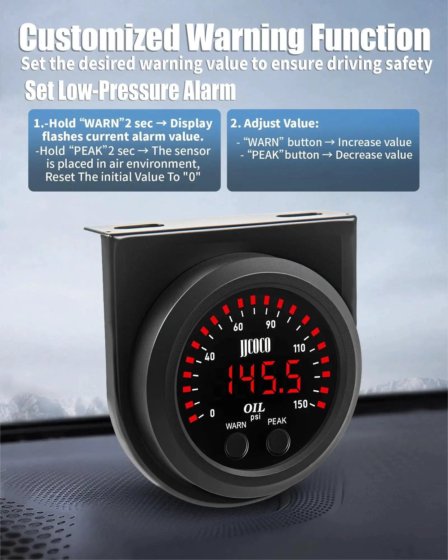 Digital LED Oil Pressure Gauge Kit With 0 To 150 PSI Range Digital Red LED Readout For Fast Clear Readings For Gearheads In Day Or Night 1 8NPT Electronic Sensor And Mounting Bracket For 12V And 24V Cars Trucks And Vehicles 52mm Gauge JJCOCO Now, displaying 145.5 reading inside vehicle