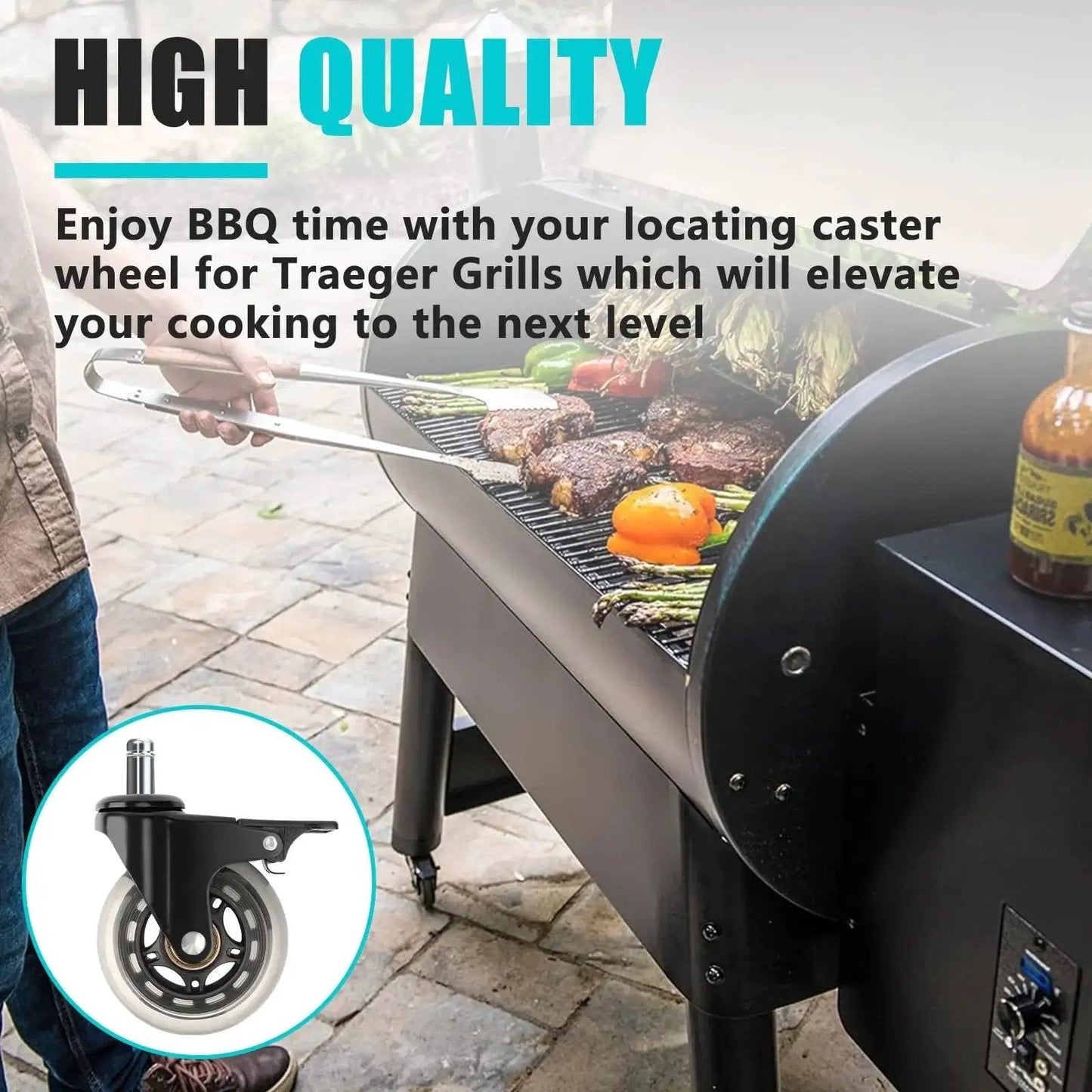 Person grilling on barbecue with close-up of 3 Inch Swivel Caster Wheel With Brake Replacement For Pellet Grills HDW302 Universal Compatibility.