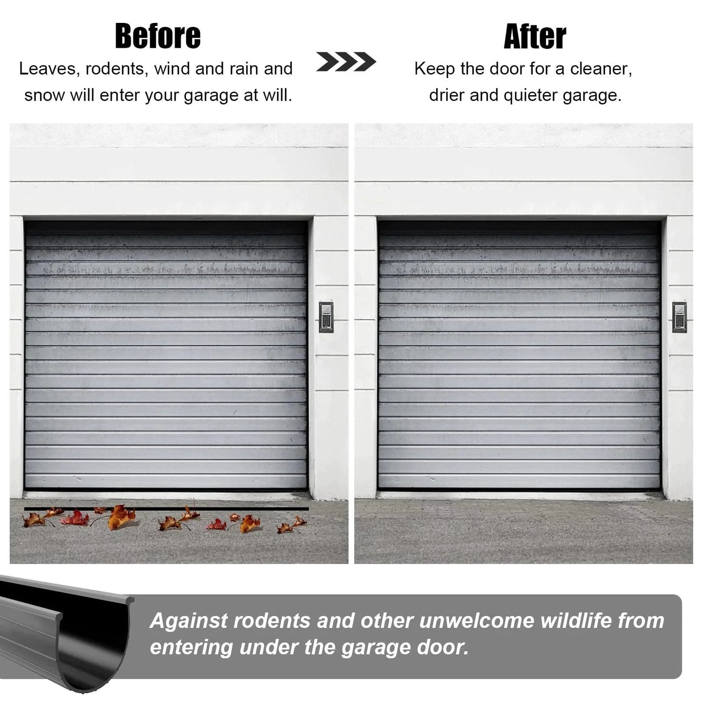 Before and after comparison of garage door with Bottom Weather Seal Replacement For 16 Foot Wide Garage Doors, 154448 Weather Stripping.