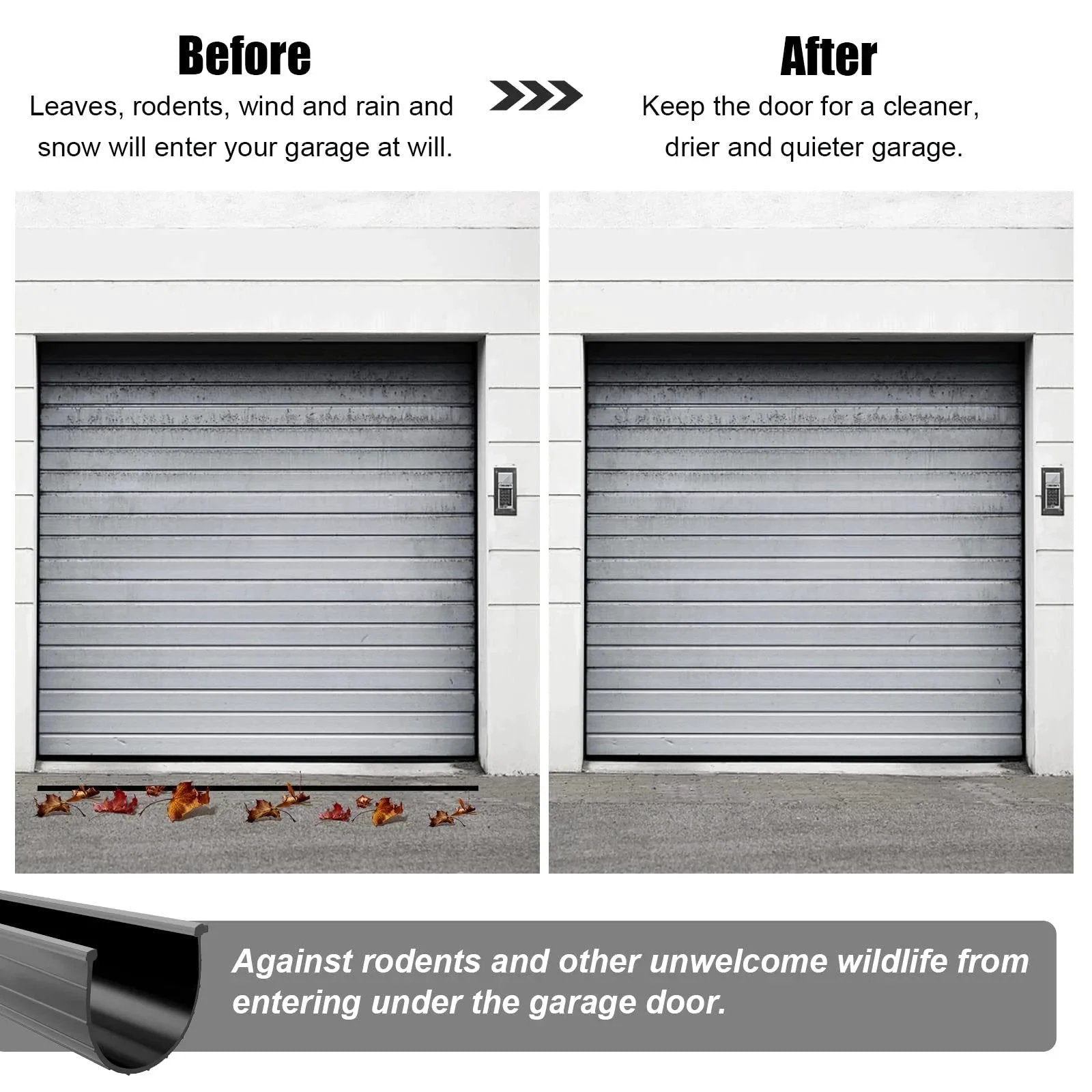 Before and after comparison of garage door with Bottom Weather Seal Replacement For 16 Foot Wide Garage Doors, 154448 Weather Stripping.