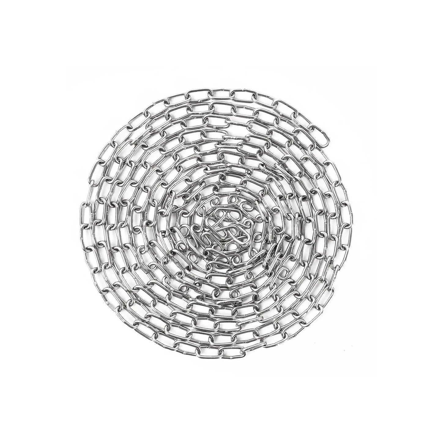 10 Feet SUS304 Stainless Steel Hanging Chain coiled on white background, showing rust and corrosion resistance, supports up to 80 lbs.