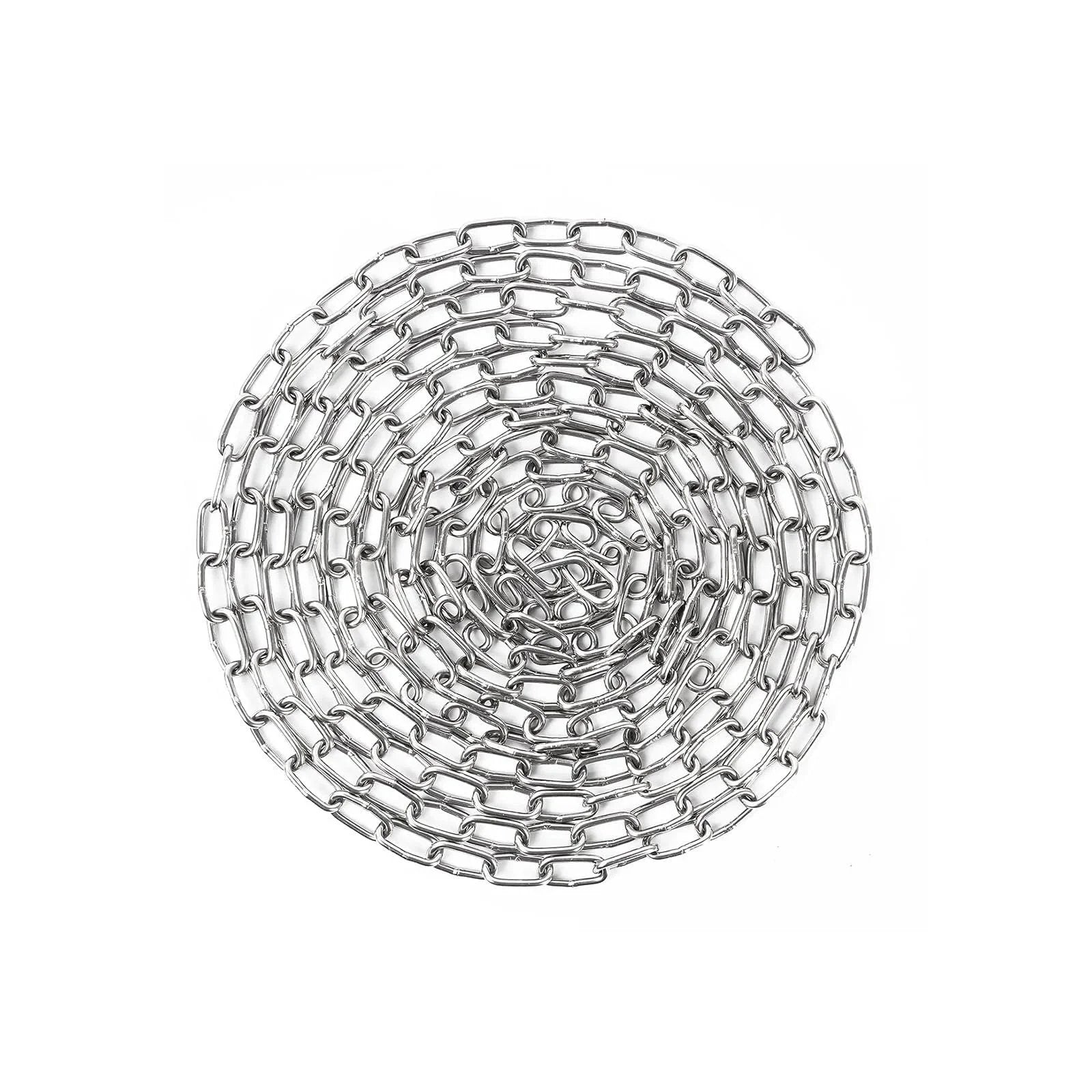10 Feet SUS304 Stainless Steel Hanging Chain coiled on white background, showing rust and corrosion resistance, supports up to 80 lbs.