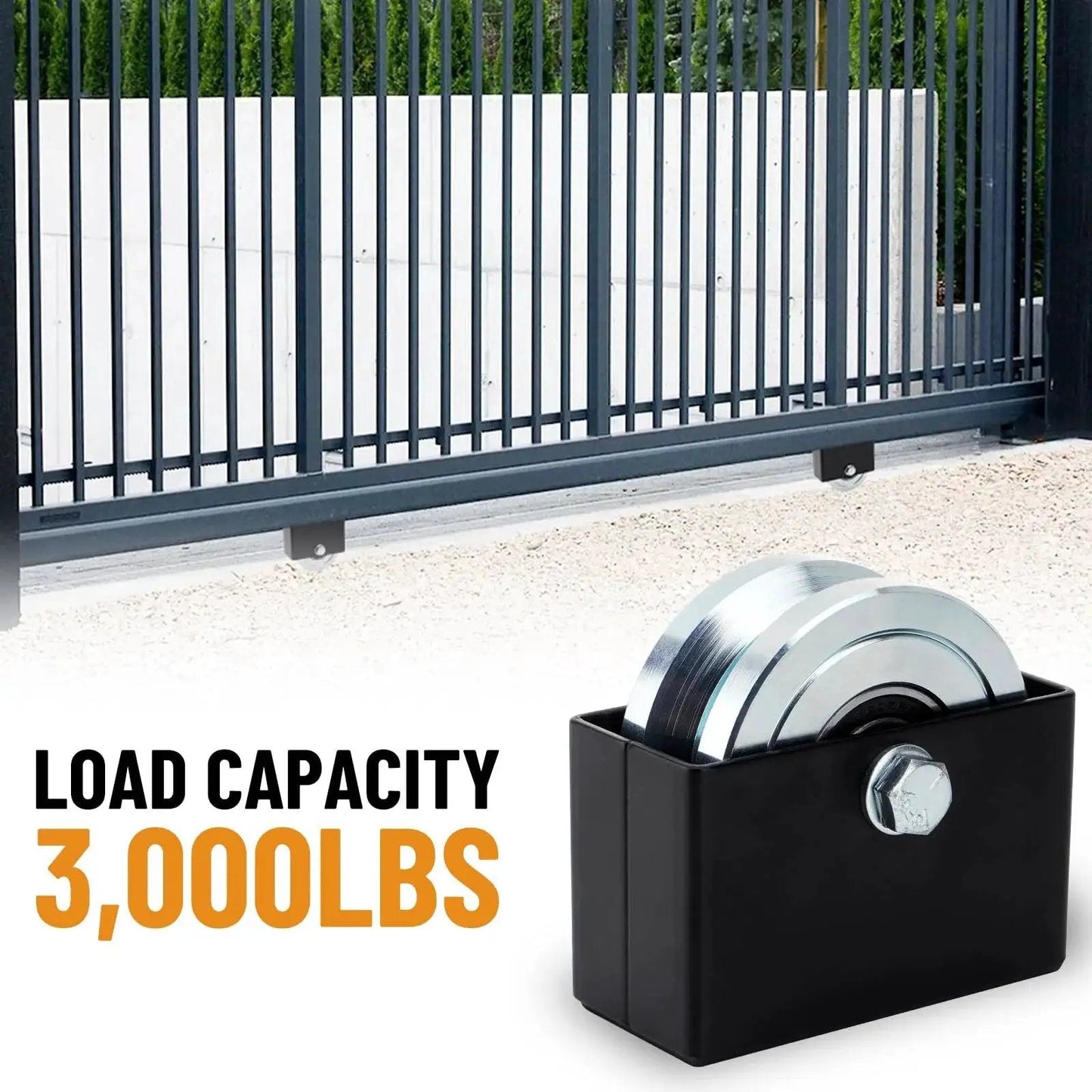 4 Inch V Groove Slide Gate Wheel With Welded Bracket Box For Inverted V Track Systems next to metal gate. Load capacity 3000 LBS.