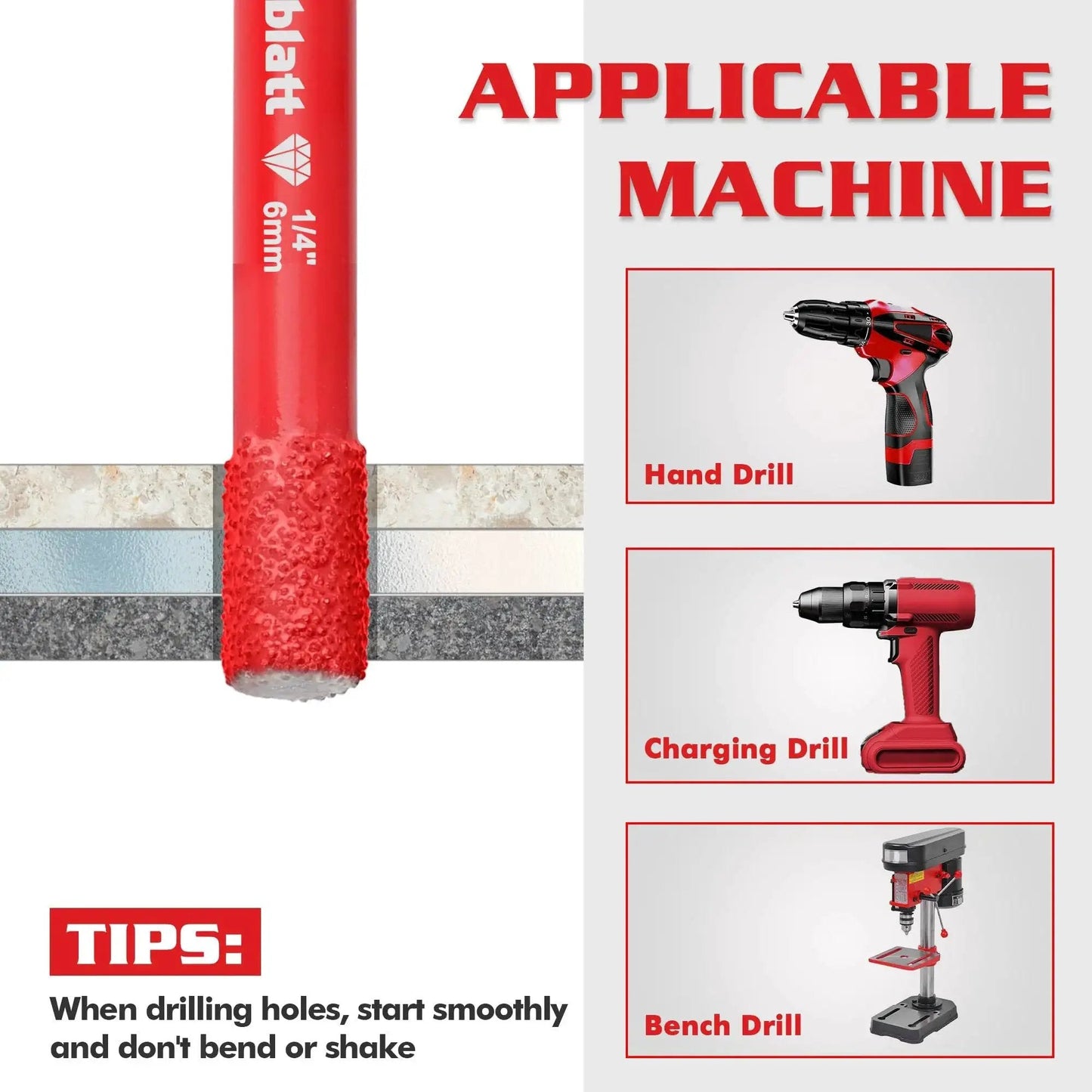 Powerful 10 Piece Diamond Drill Bit Set With One Quarter Inch Shank 6mm Vacuum Brazed Diamond Hole Saw Kit diagram showing compatibility with drills