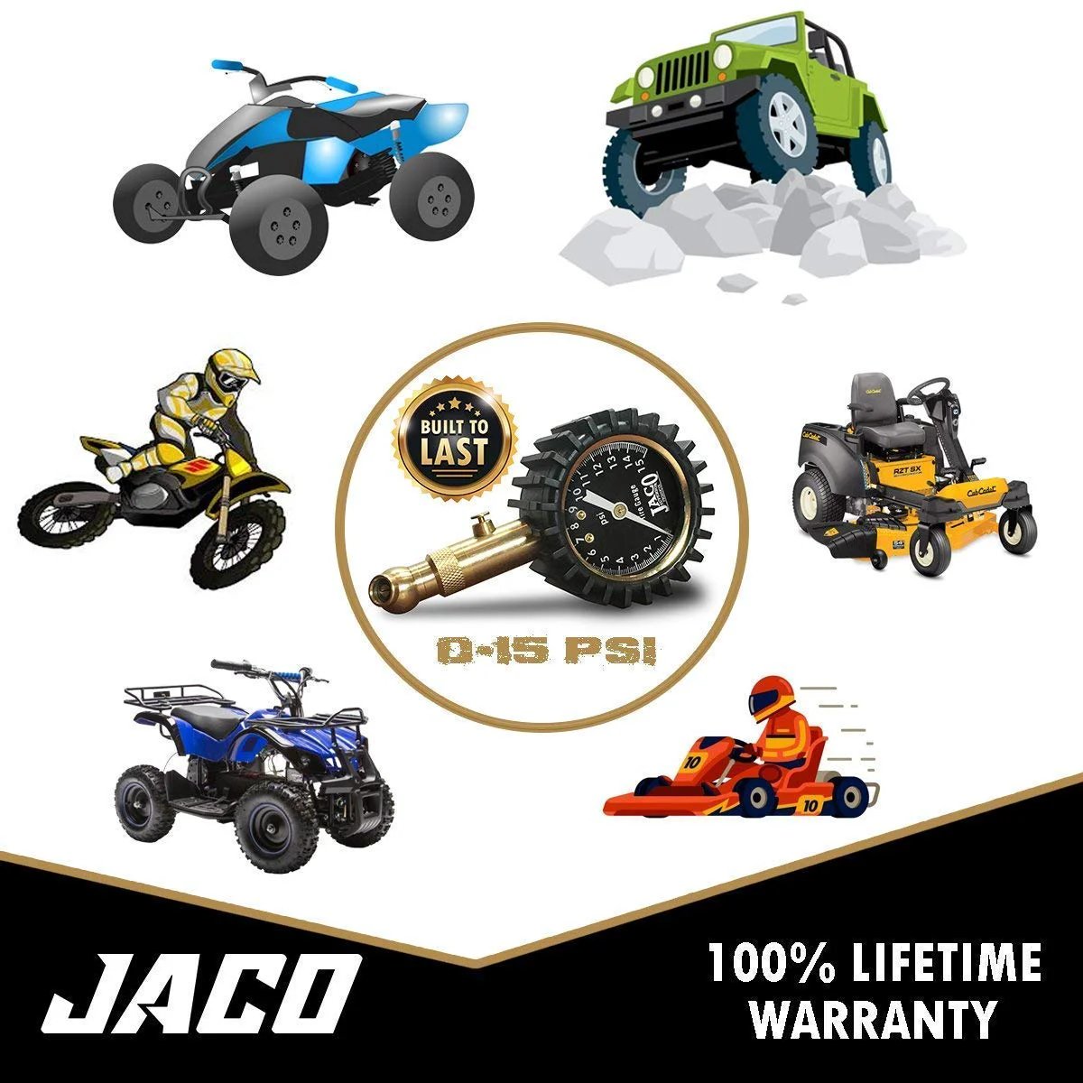 Pro Grade Low Pressure Tire Gauge 0 To 15 PSI For ATVs And UTVs, No Batteries Needed, pictured with various off-road vehicles