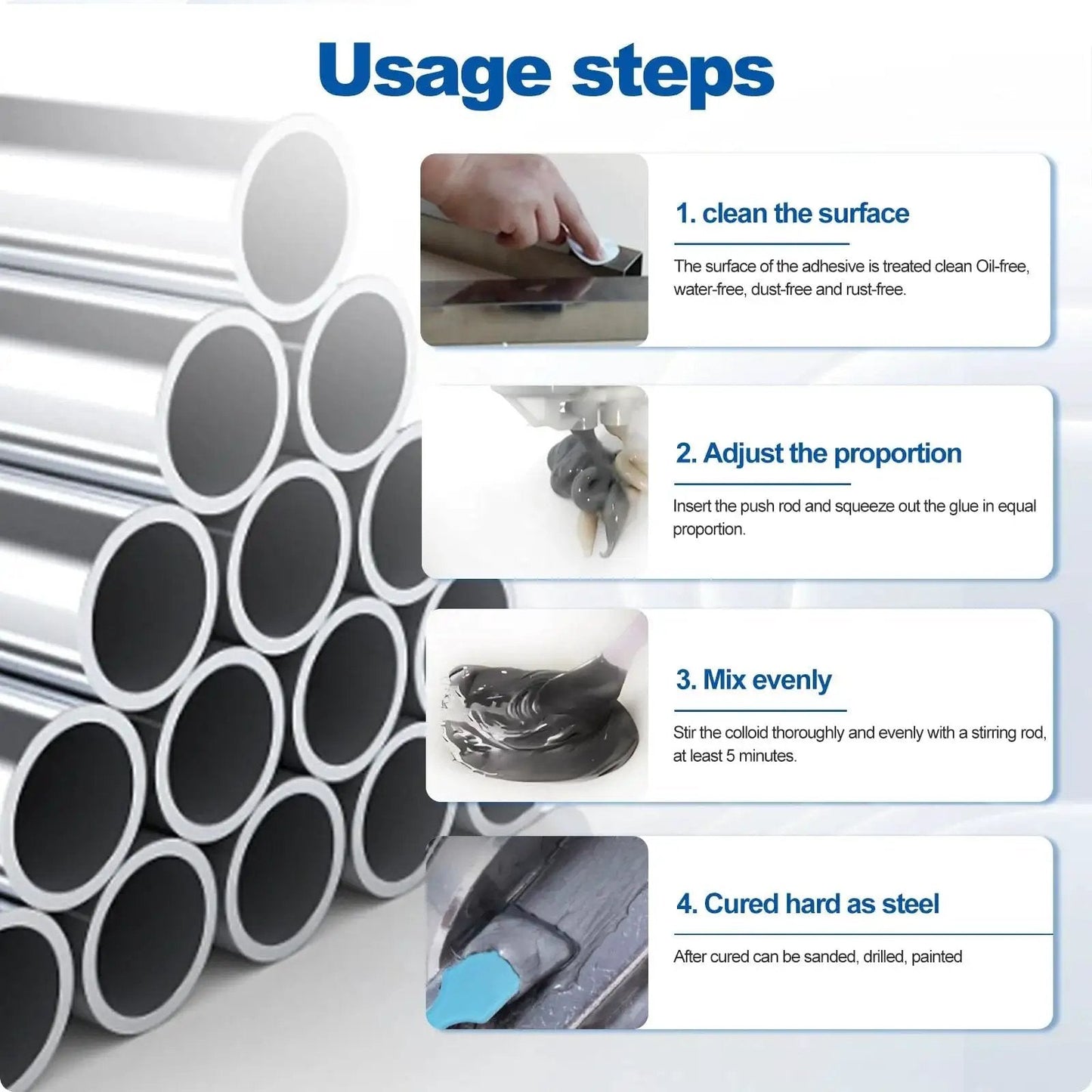 Usage steps for Liquid Metal Glue Epoxy Adhesive For Heavy Duty Bonding Waterproof Metal Repair And Restoration Of Aluminum, Steel, Iron.