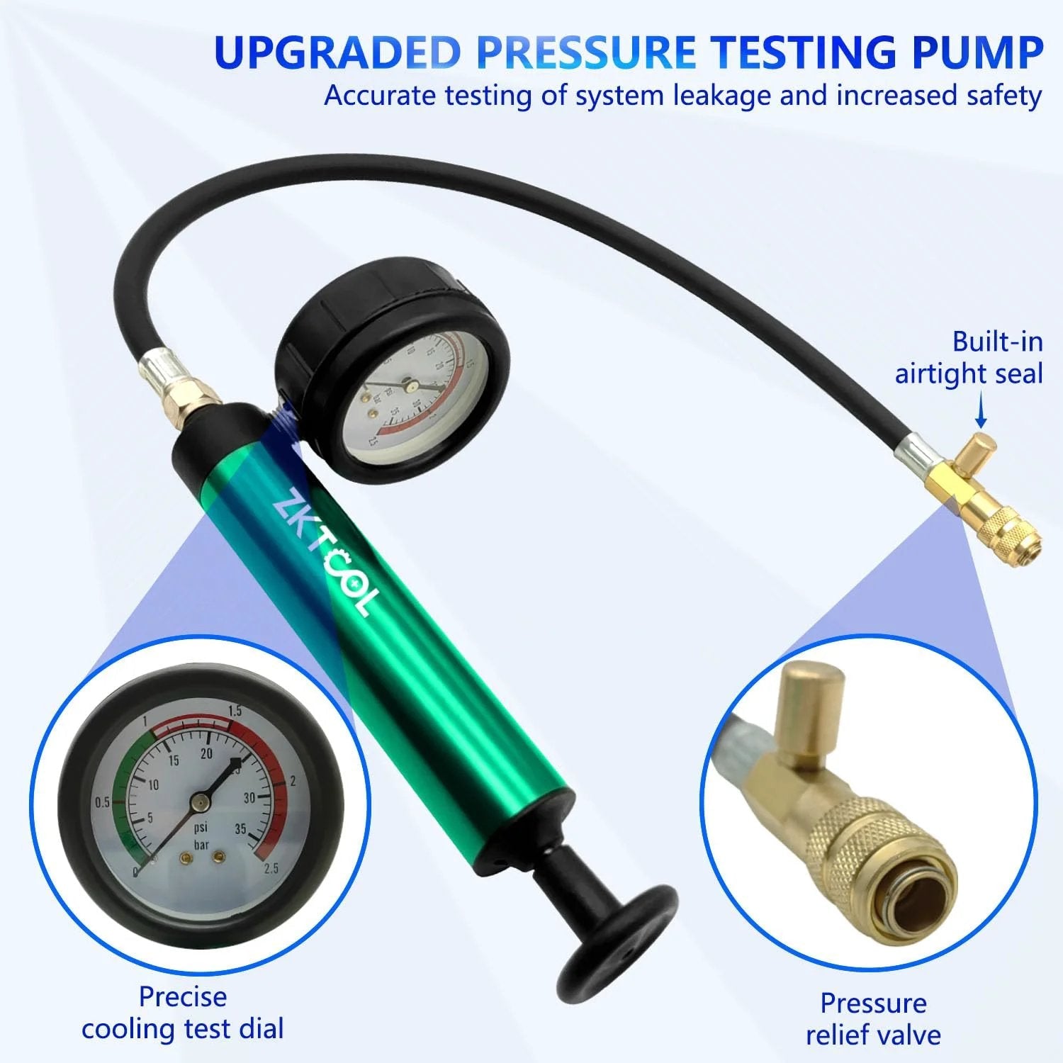 Aluminum Radiator Pressure Tester With Gauge For Auto Cooling System Universal Hand Pump With Multiple Adapters ZKTOOL