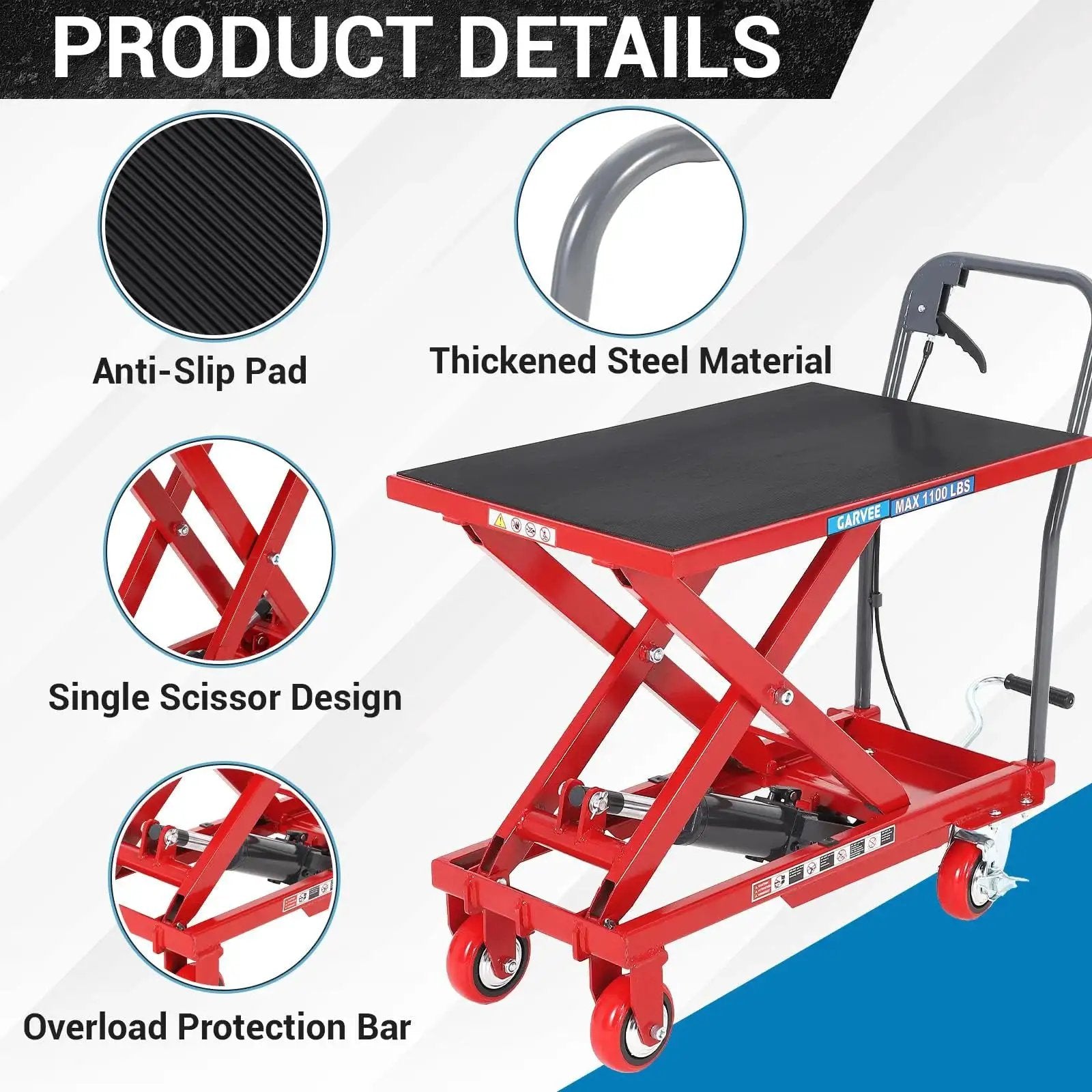 Detailed view of 500 Lb Hydraulic Lift Table Cart With 28.5 Inch Lift And Non Slip Pad Red, showing anti-slip pad and design features.