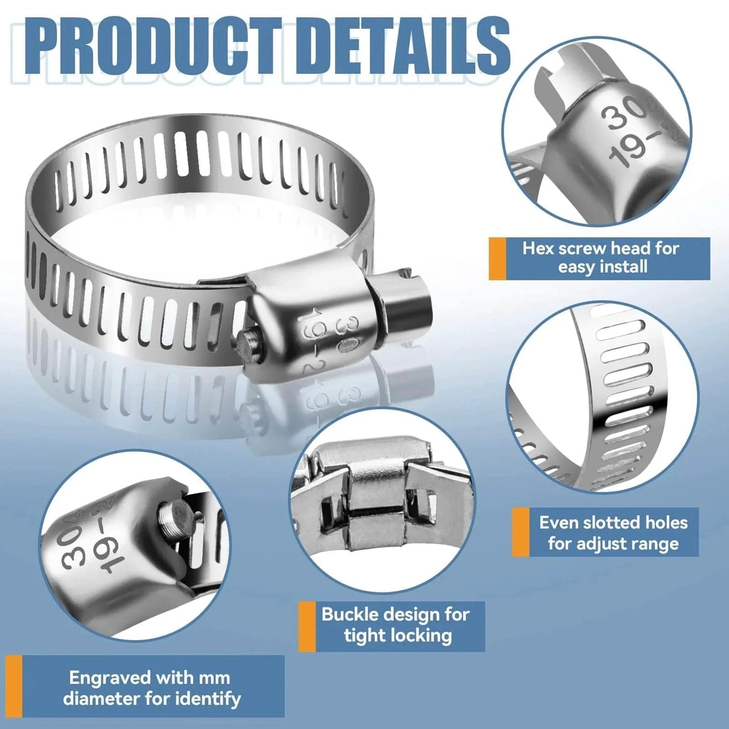 45 Piece Stainless Steel Hose Clamp Kit With Worm Gear Adjustable From 1/4 To 1-1/8 Inches (6-29 Mm) For Plumbing Automotive And Mechanical Applications Corrosion Resistant 304 Stainless Steel, showing product details like hex screw head and buckle design.