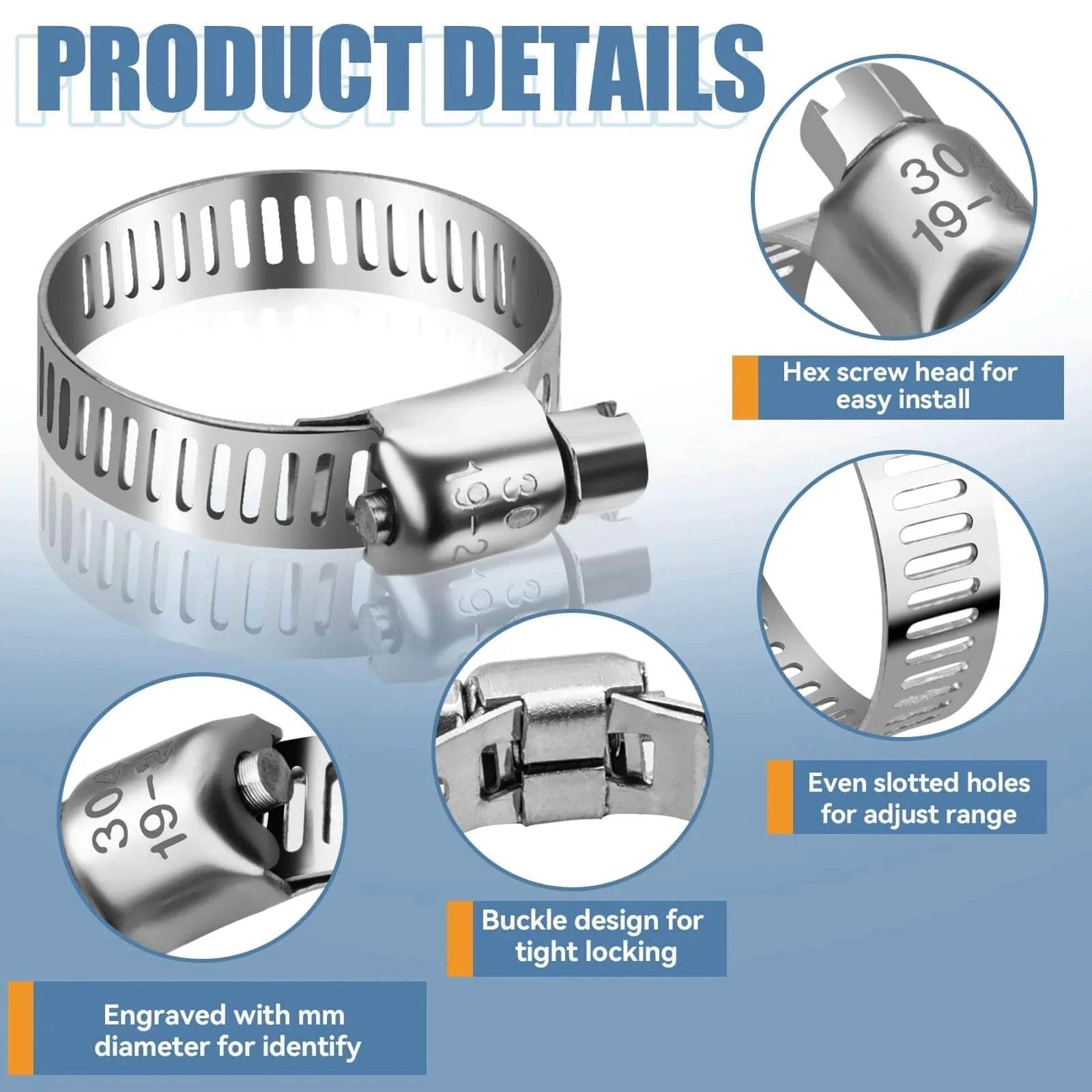 45 Piece Stainless Steel Hose Clamp Kit With Worm Gear Adjustable From 1/4 To 1-1/8 Inches (6-29 Mm) For Plumbing Automotive And Mechanical Applications Corrosion Resistant 304 Stainless Steel, showing product details like hex screw head and buckle design.