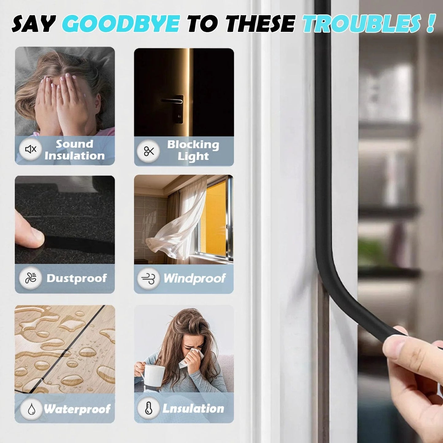 Image showcasing benefits of 20Ft Self Adhesive Weather Stripping Door Seal Kit With Silicone D Shaped Strip For Doors And Windows.