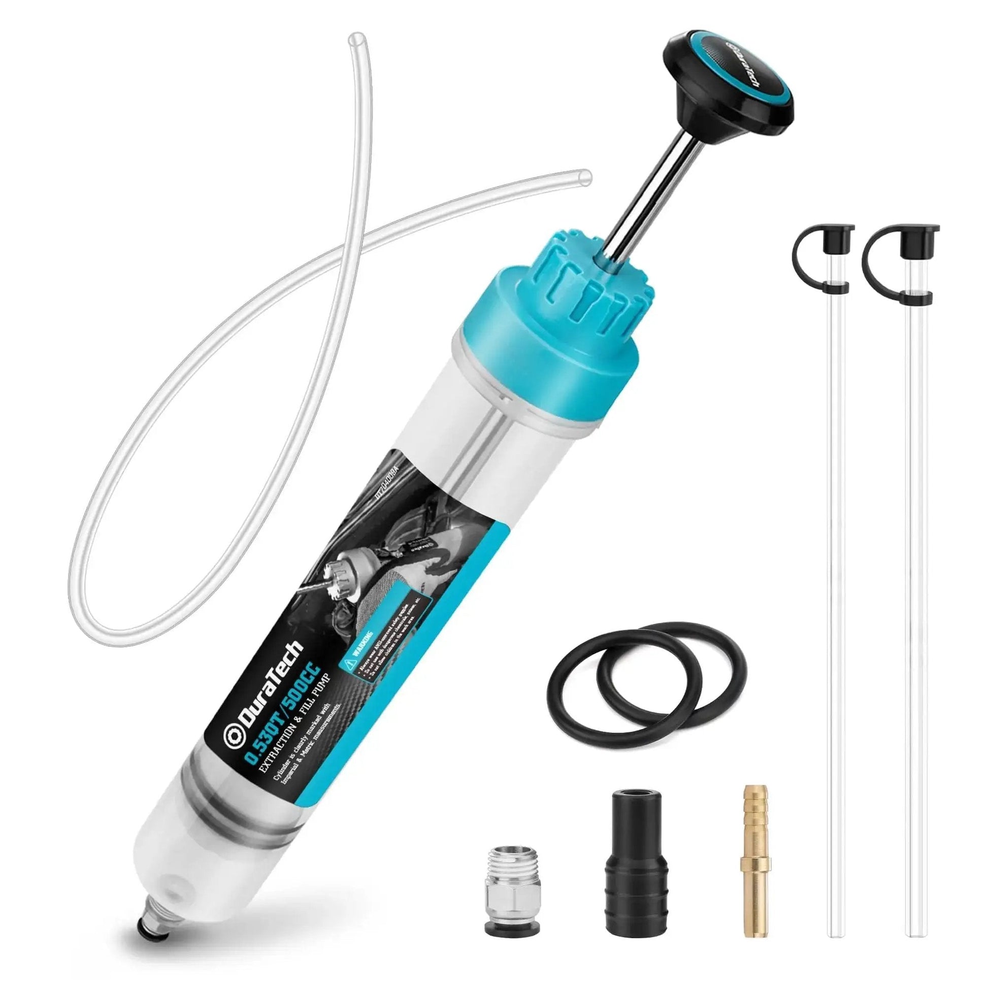 500cc Fluid Extractor With Long Hose And Extension Tubes For Brake Fluid And Oil, shown with accessories and hose