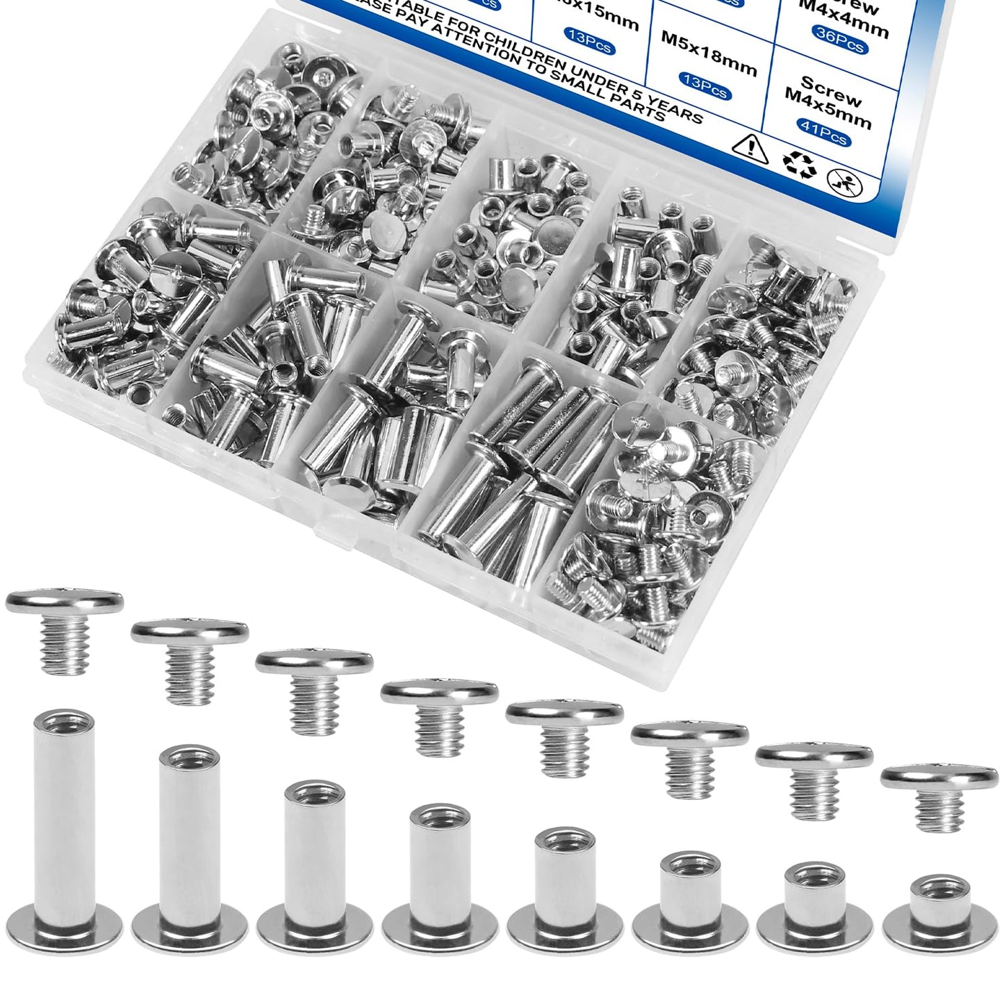 130 Sets Chicago Screws Kit In Silver For Leather Crafting And Gear Making With Eight M5 Sizes And Three M4 Lengths, Durable Carbon Steel Binding Screws Rivets For Belts Shoes Bags Purses And Clothing