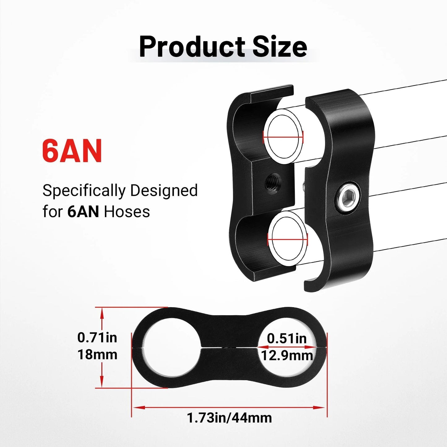 6AN Hose Separator Clamp Set For AN6 Fuel Lines Aluminum Black 6061-T6 Mounting Clips with dimensions shown in image