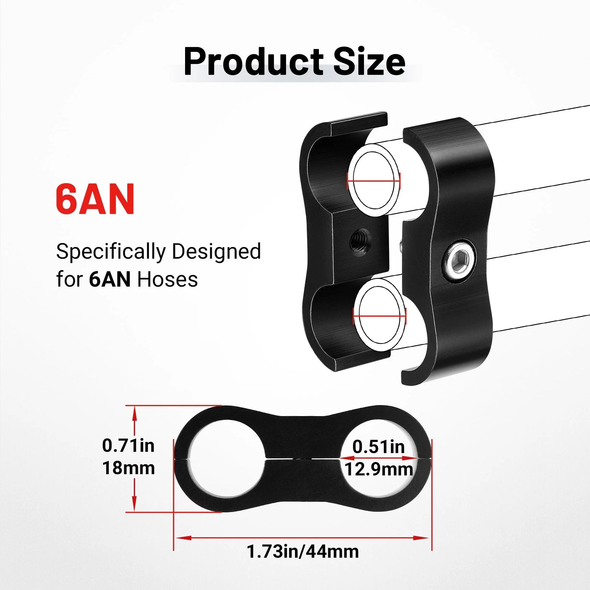 6AN Hose Separator Clamp Set For AN6 Fuel Lines Aluminum Black 6061-T6 Mounting Clips with dimensions shown in image