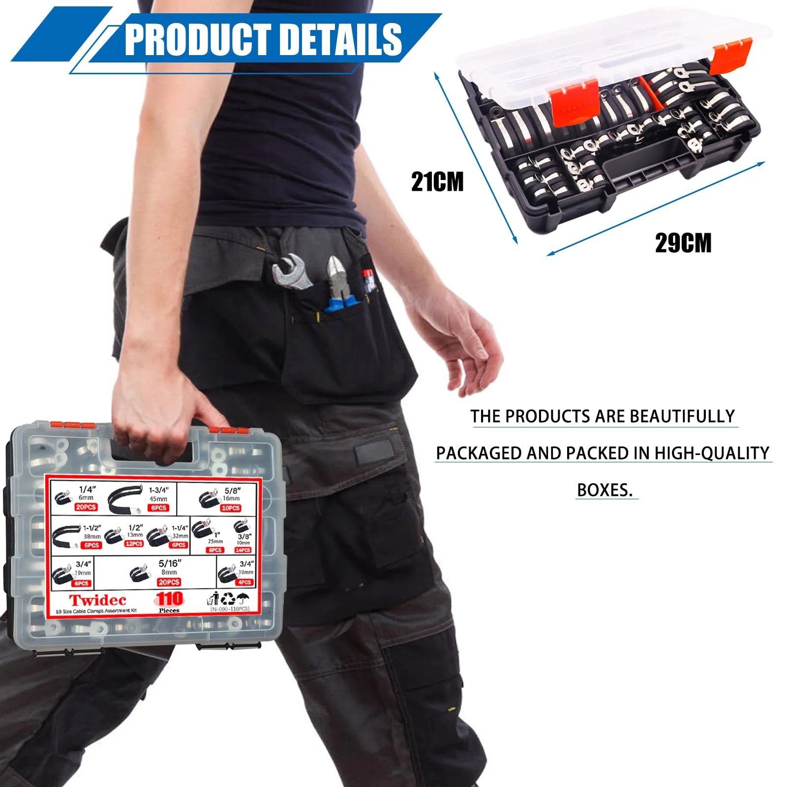 Person holding a 21x29cm handheld box of Premium 110 Piece Cable Clamps Assortment Kit With 304 Stainless Steel Rubber Cushioned Clamps.