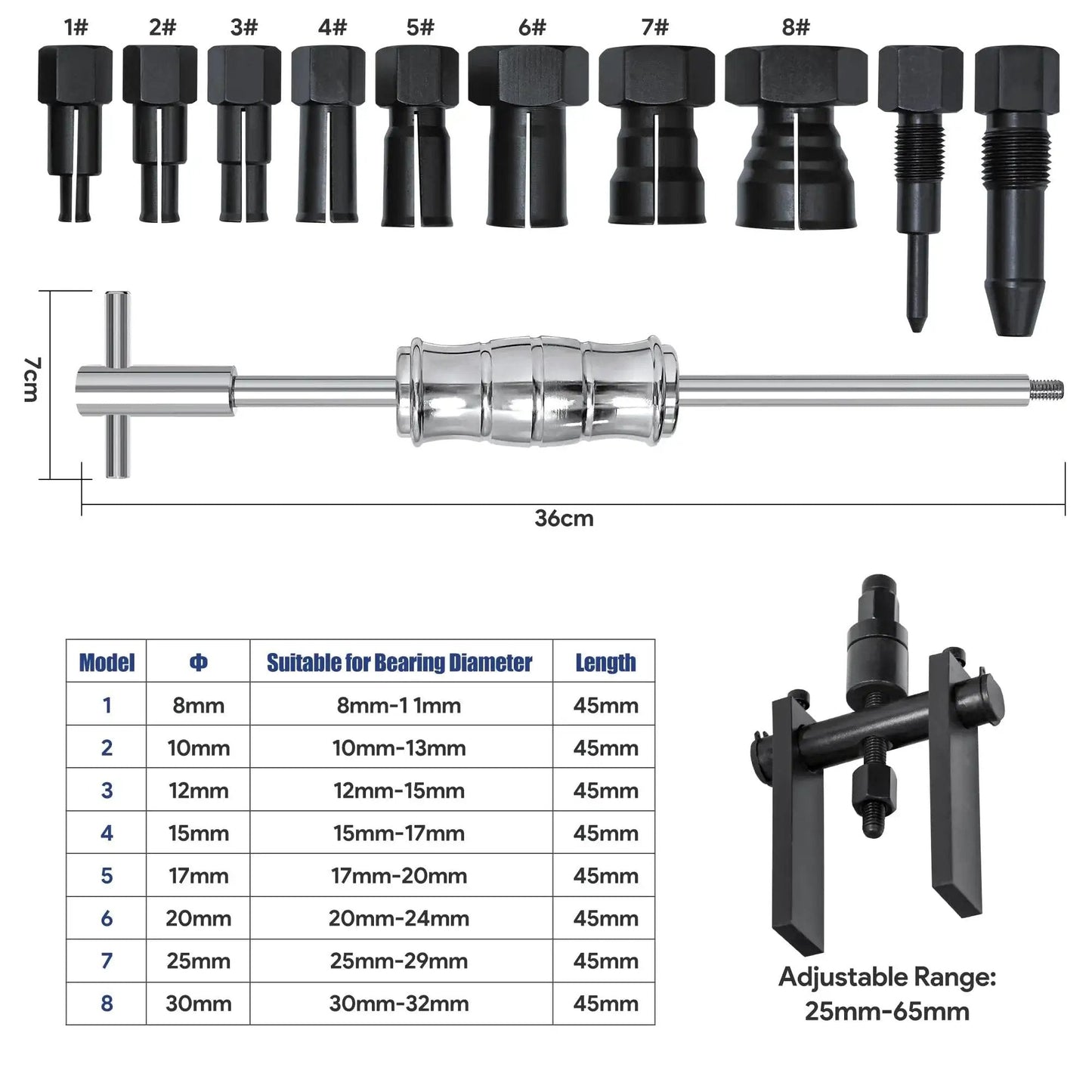 Motorcycle Bearing Puller Kit With Blind Puller And Slide Hammer Set, 12 Piece Set With Collets And Extenders Displayed