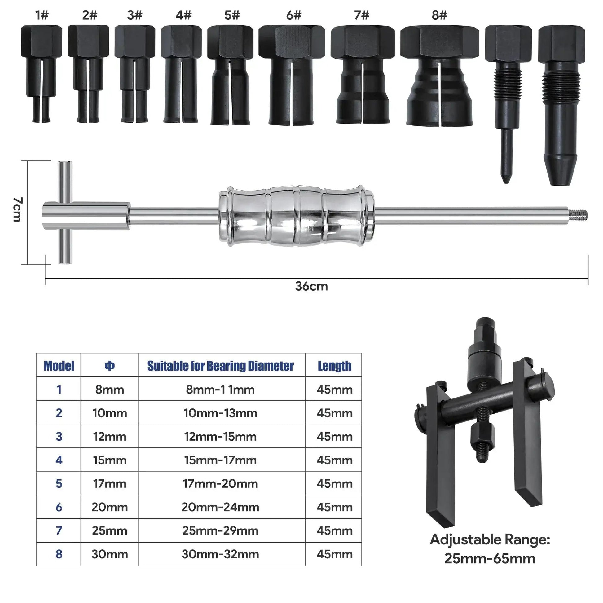 Motorcycle Bearing Puller Kit With Blind Puller And Slide Hammer Set, 12 Piece Set With Collets And Extenders Displayed