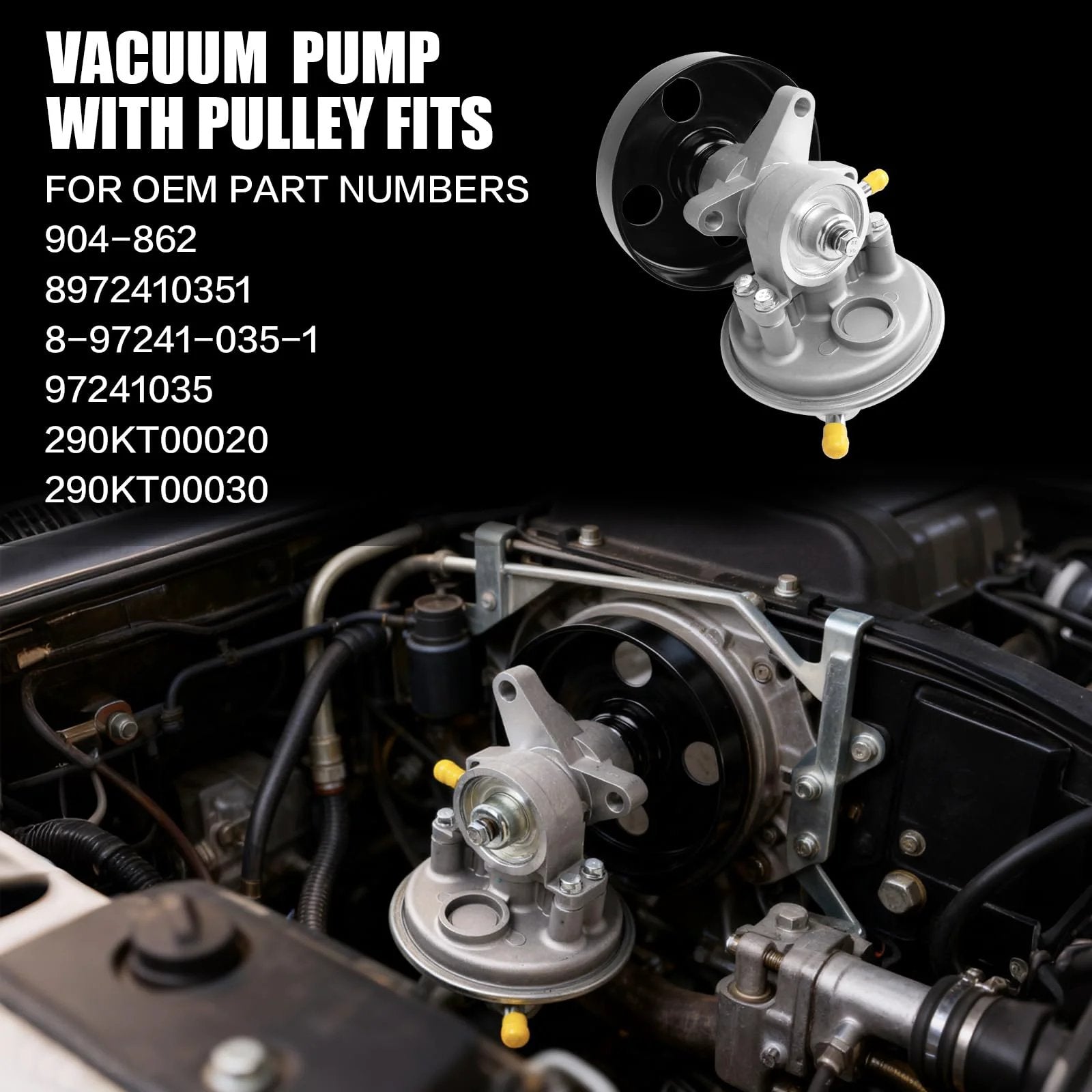 Beefed Up Vacuum Pump With Pulley For Isuzu NPR HD Trucks 1995-2020 installed in engine bay, replaces OE 8972410351 97241035.
