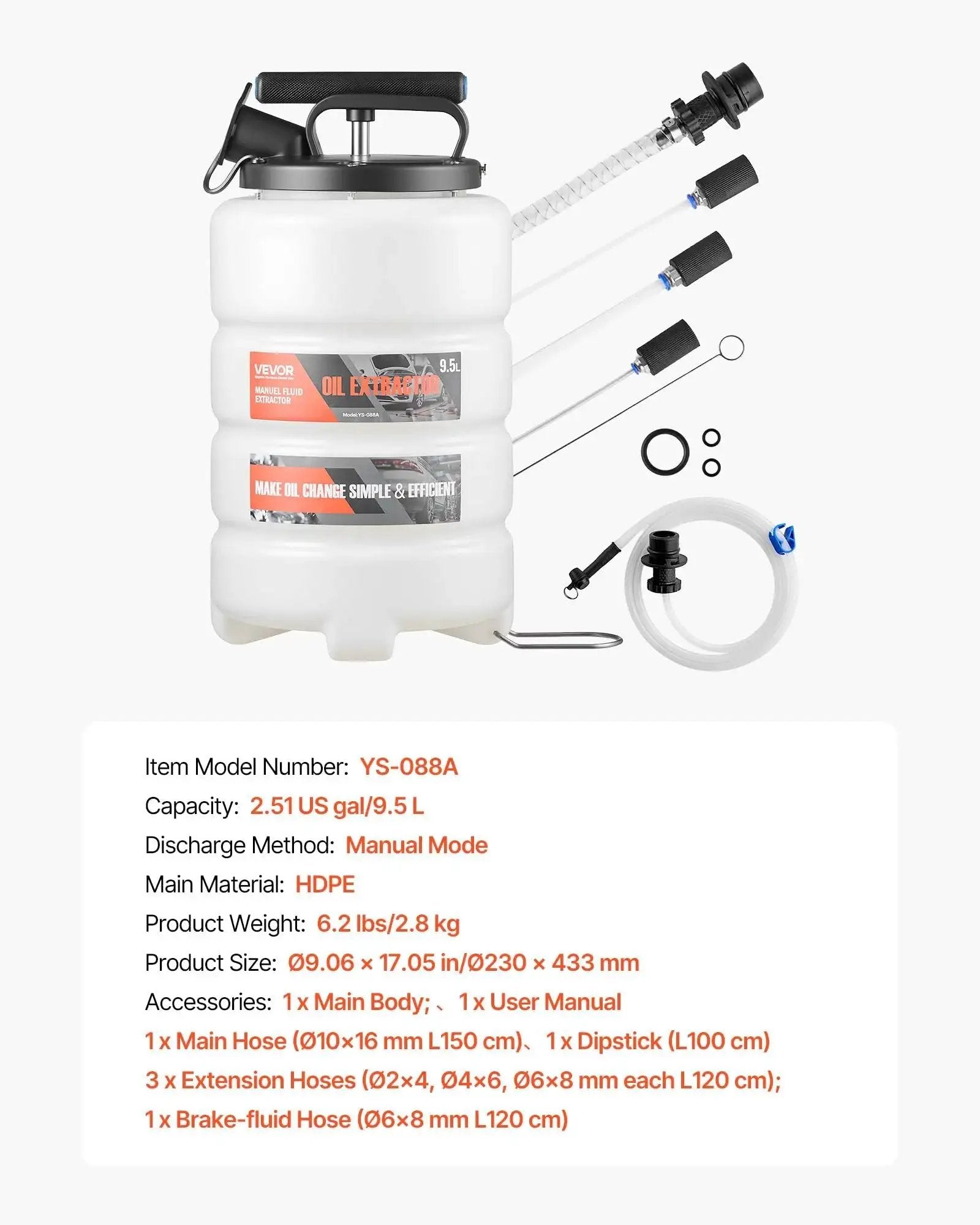 9.5 L Manual Oil Change Fluid Extractor Pump With Long Hose And Extension Tubes, showing components and main body